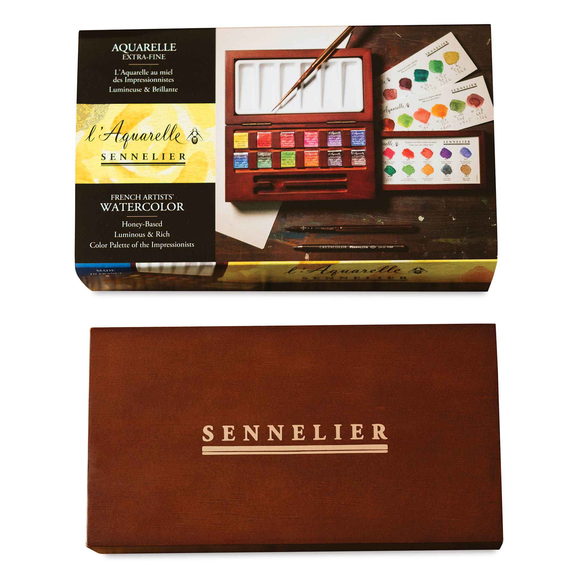 Sennelier French Artists' Watercolors - Set of 12, Assorted, Wood Box and packaging