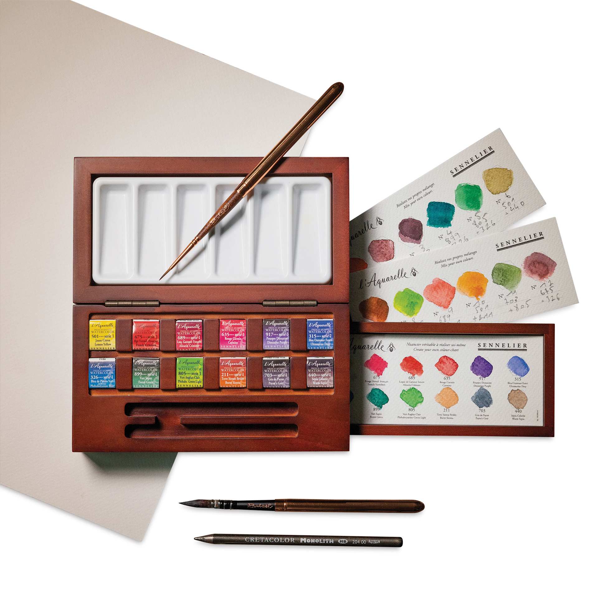 Sennelier French Artists' Watercolors - Set of 12, Assorted, Wood Box, Half Pan set open with diy color chart filled in (paper not included)