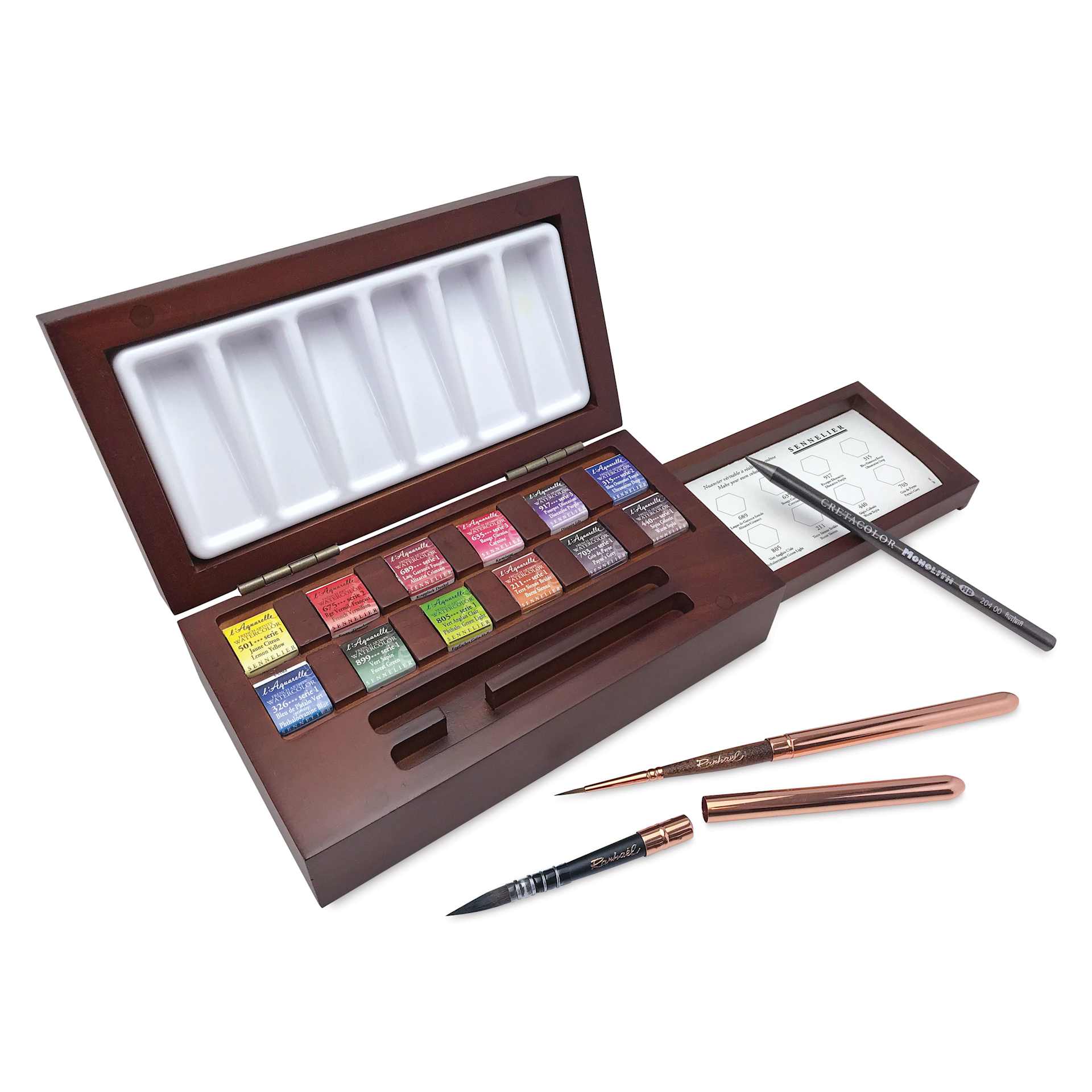 Sennelier French Artists' Watercolors - Set of 12, Assorted, Wood Box, Half Pans