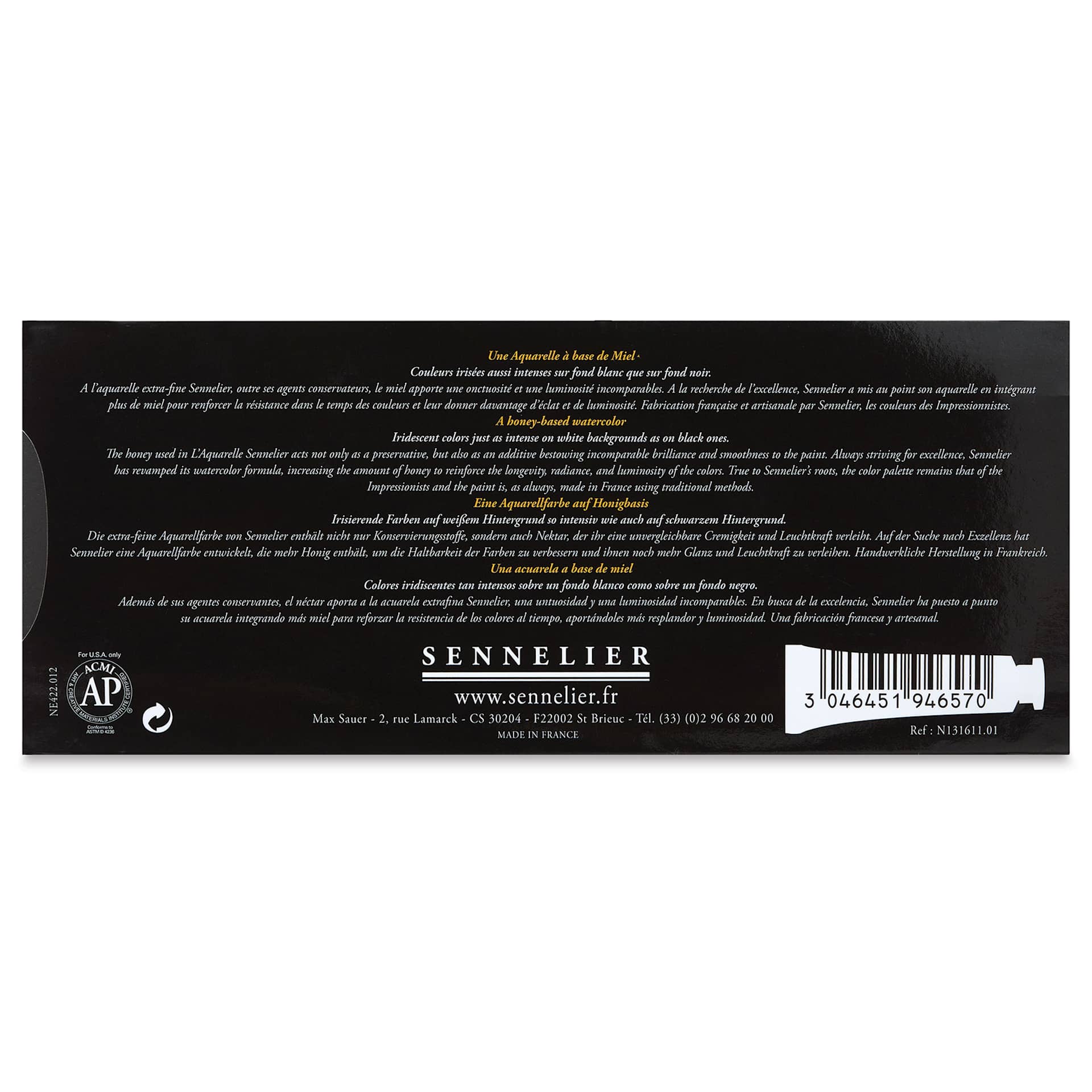 Sennelier French Artists' Watercolor Set - Iridescent, Metal Case, Set of 12 colors, 10 ml tubes (back of package)