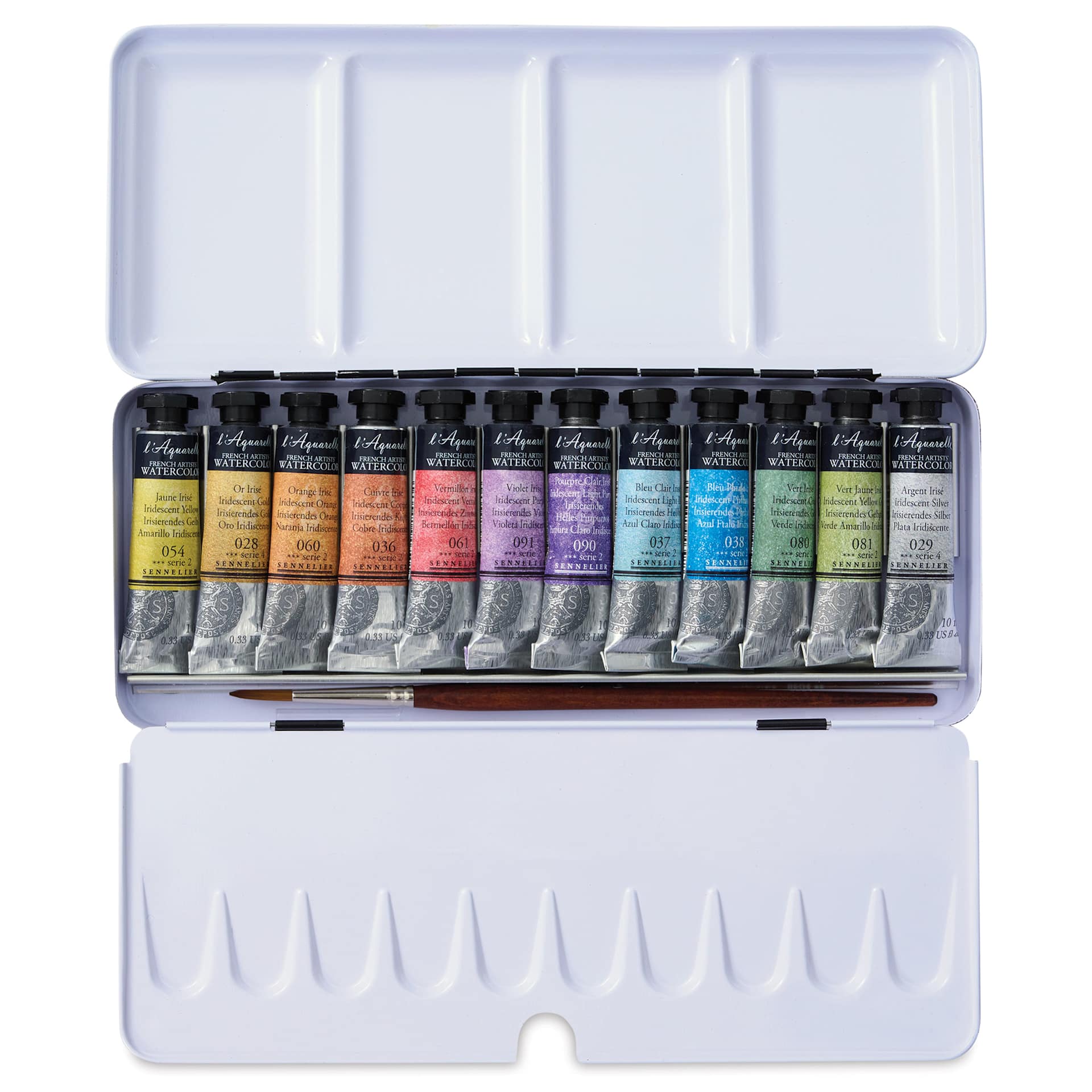 Sennelier French Artists' Watercolor Set - Iridescent, Metal Case, Set of 12 colors, 10 ml tubes (tin open to show contents)