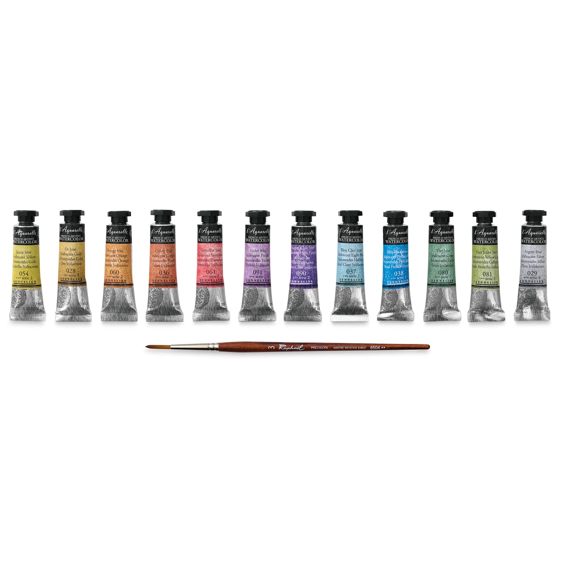 Sennelier French Artists' Watercolor Set - Iridescent, Metal Case, Set of 12 colors, 10 ml tubes (tubes and brush out of metal case)