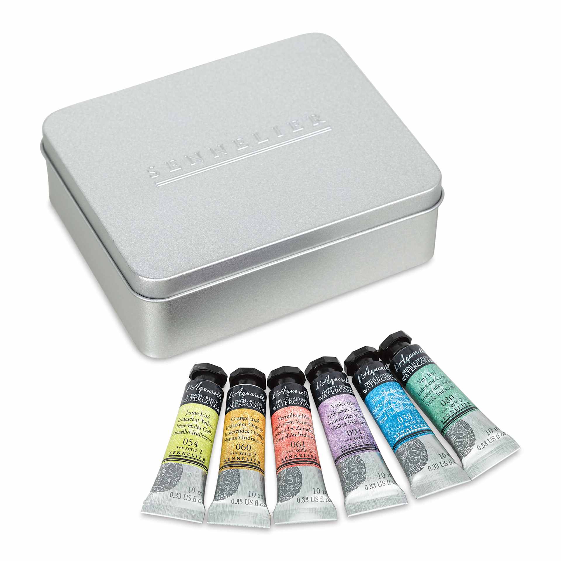 Sennelier French Artists' Watercolor Set - Iridescent, Metal Case, Set of 6 colors, 10 ml tubes (tubes outside of metal case)