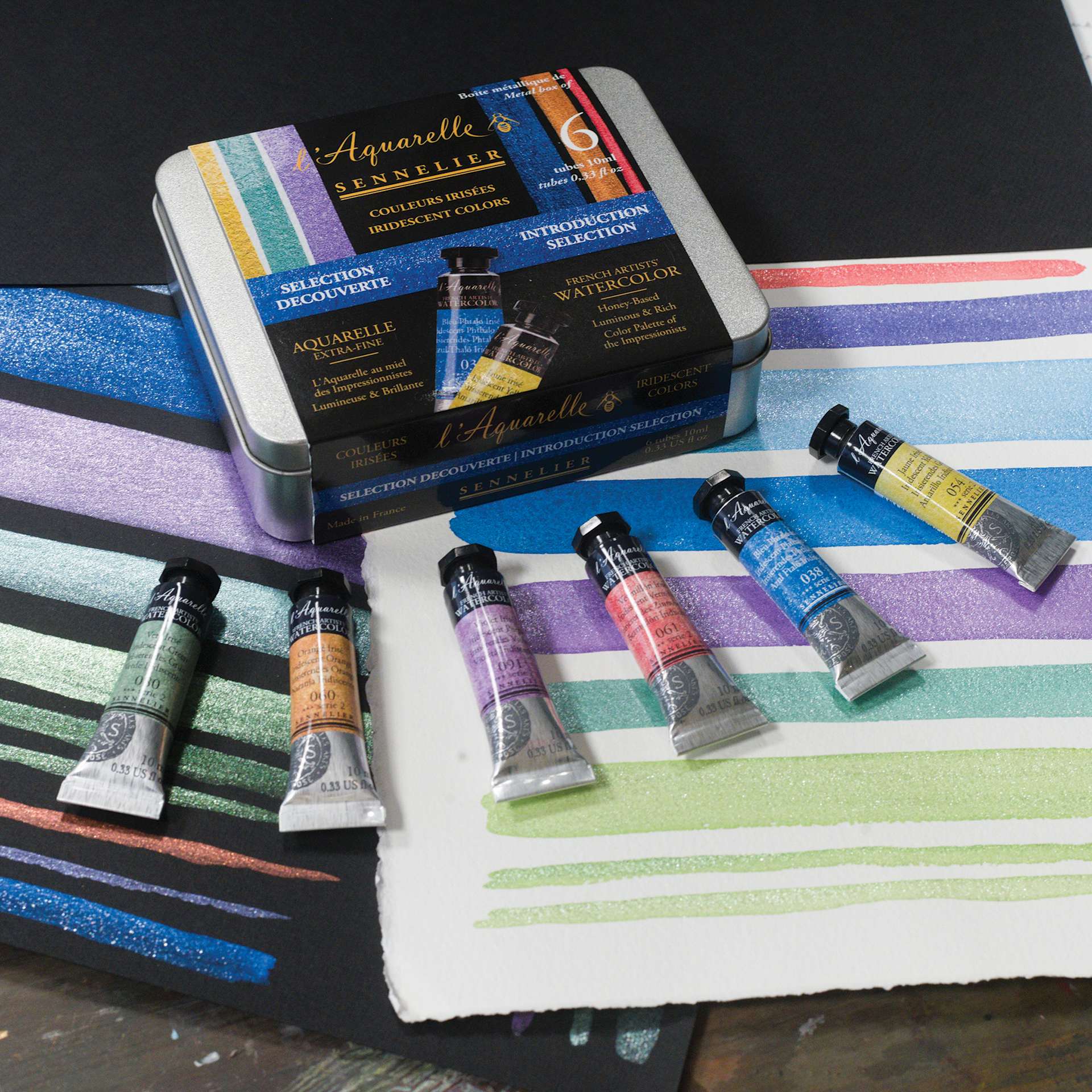 Sennelier French Artists' Watercolor Set - Iridescent, Metal Case, Set of 6 colors (tubes and case with painted swatches)