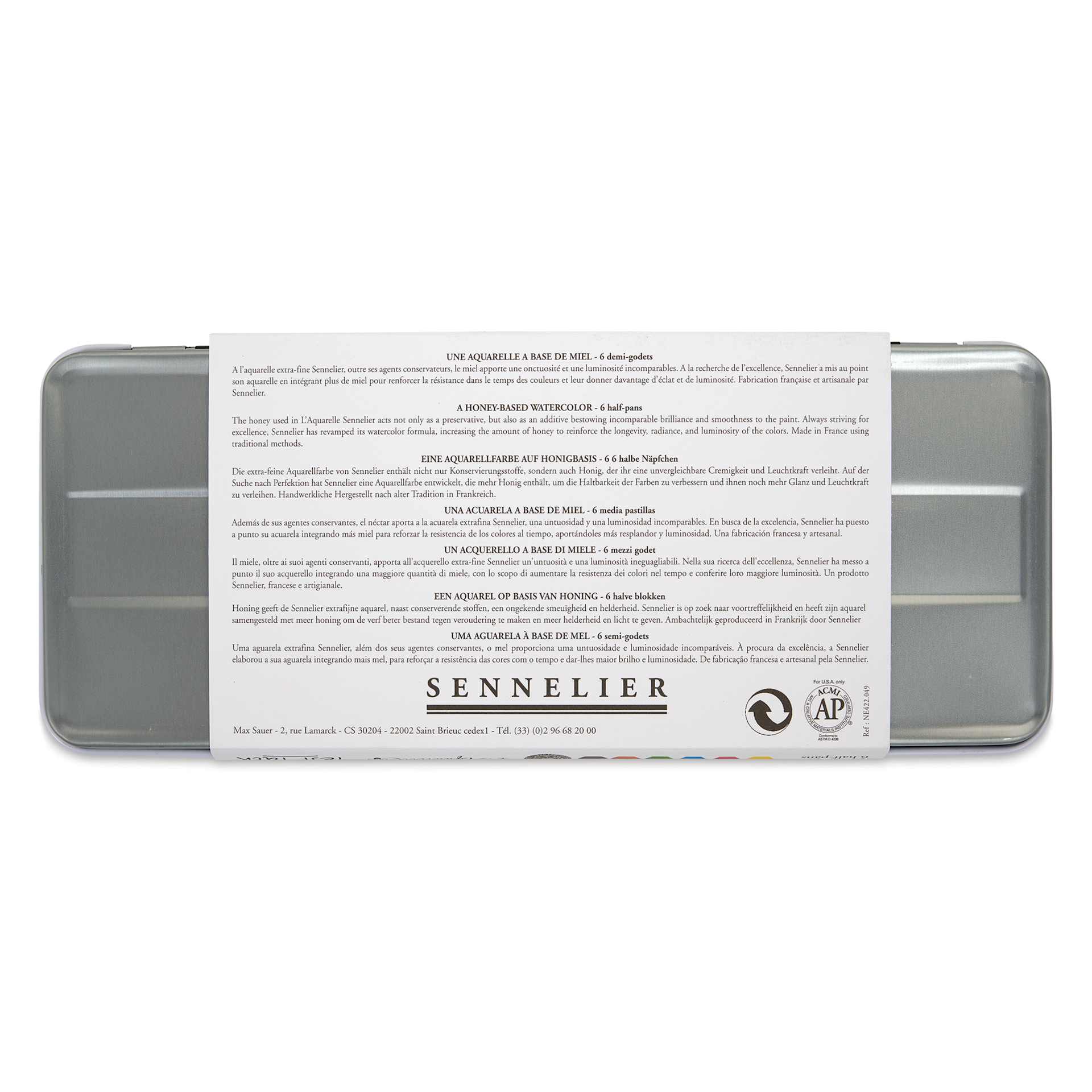 Sennelier French Artists' Watercolors - Set of 6, Metal Case, Half Pan back of package