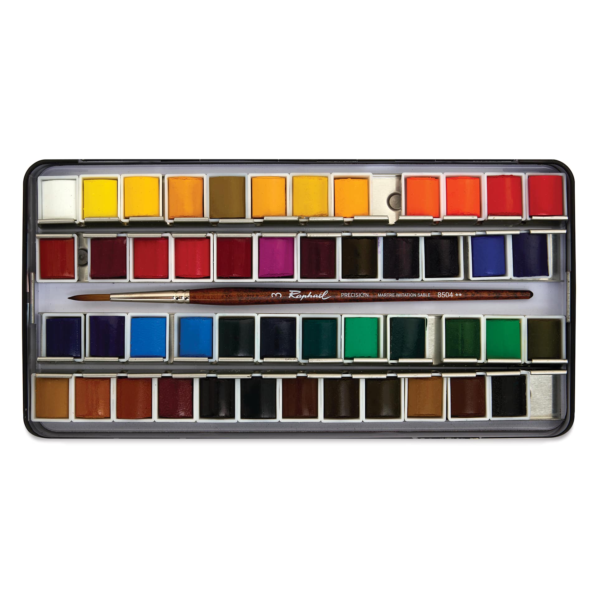 Sennelier French Artists' Watercolors - Set of 48, Metal Case with Brush close-up of pans