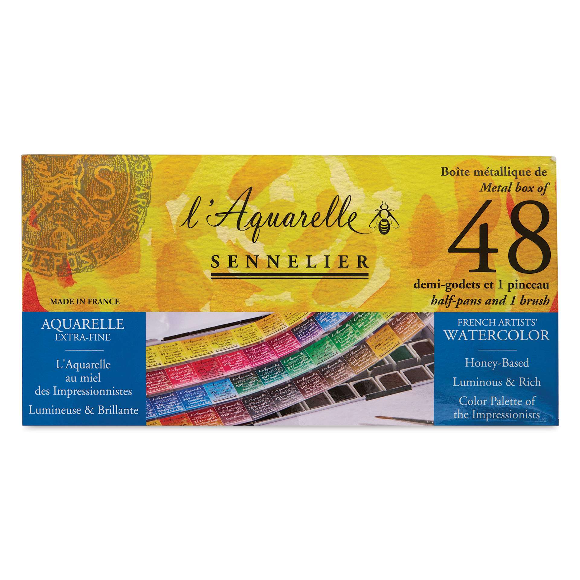 Sennelier French Artists' Watercolors - Set of 48, Metal Case with Brush front of package