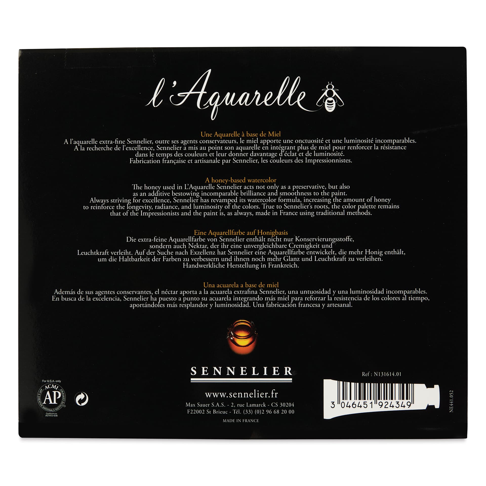 Sennelier French Artists' Watercolor Set - Wood Case, Set of 12, 10 ml tubes back of package