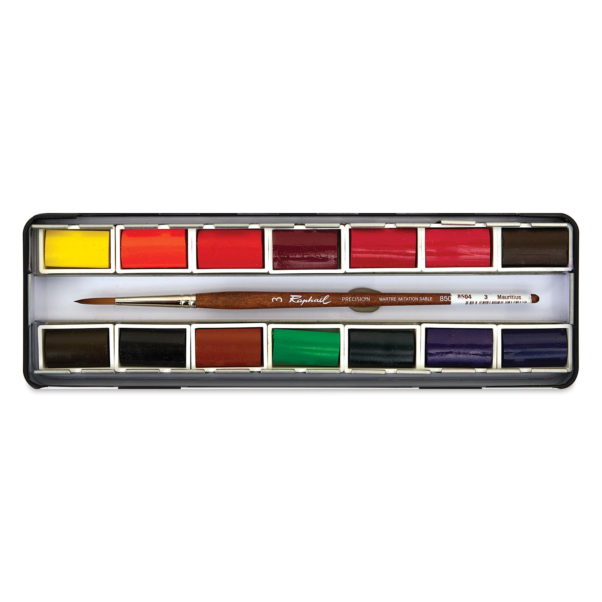 Sennelier French Artists' Watercolors - Set of 14, Metal Case, Full Pans with Precision Brush set contents