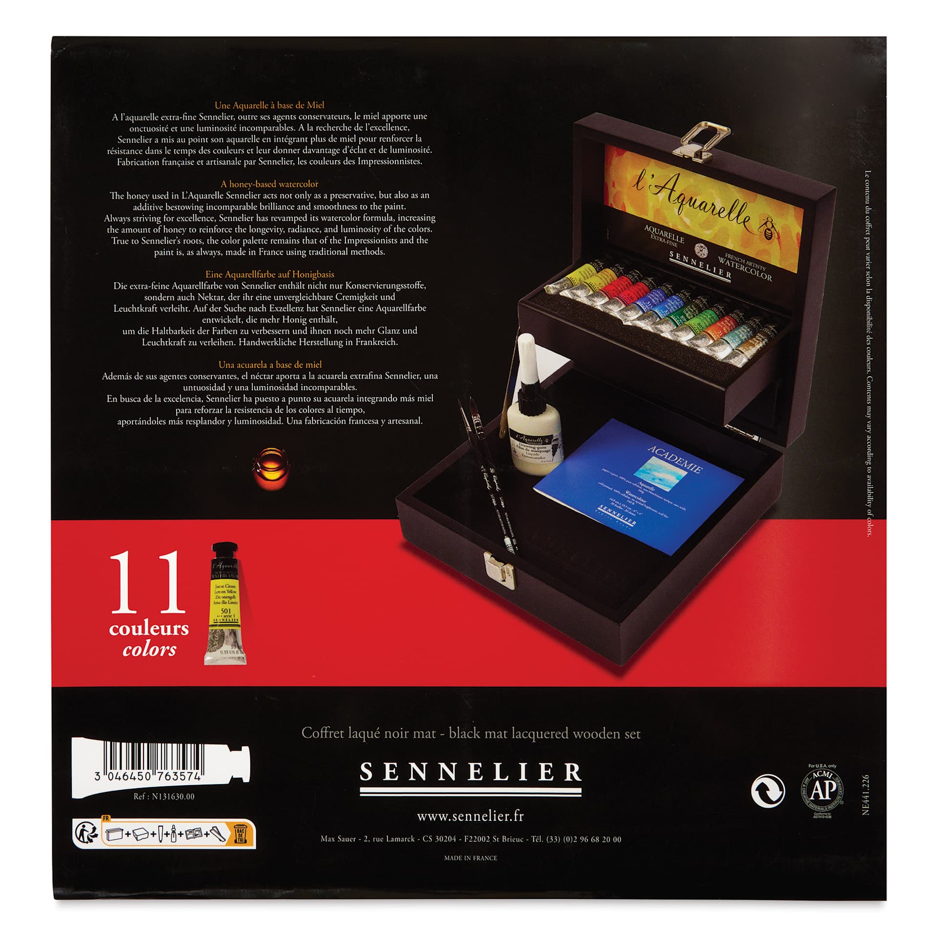 Sennelier French Artists' Watercolor Set - Black Wood Case, Set of 11 colors, back of package