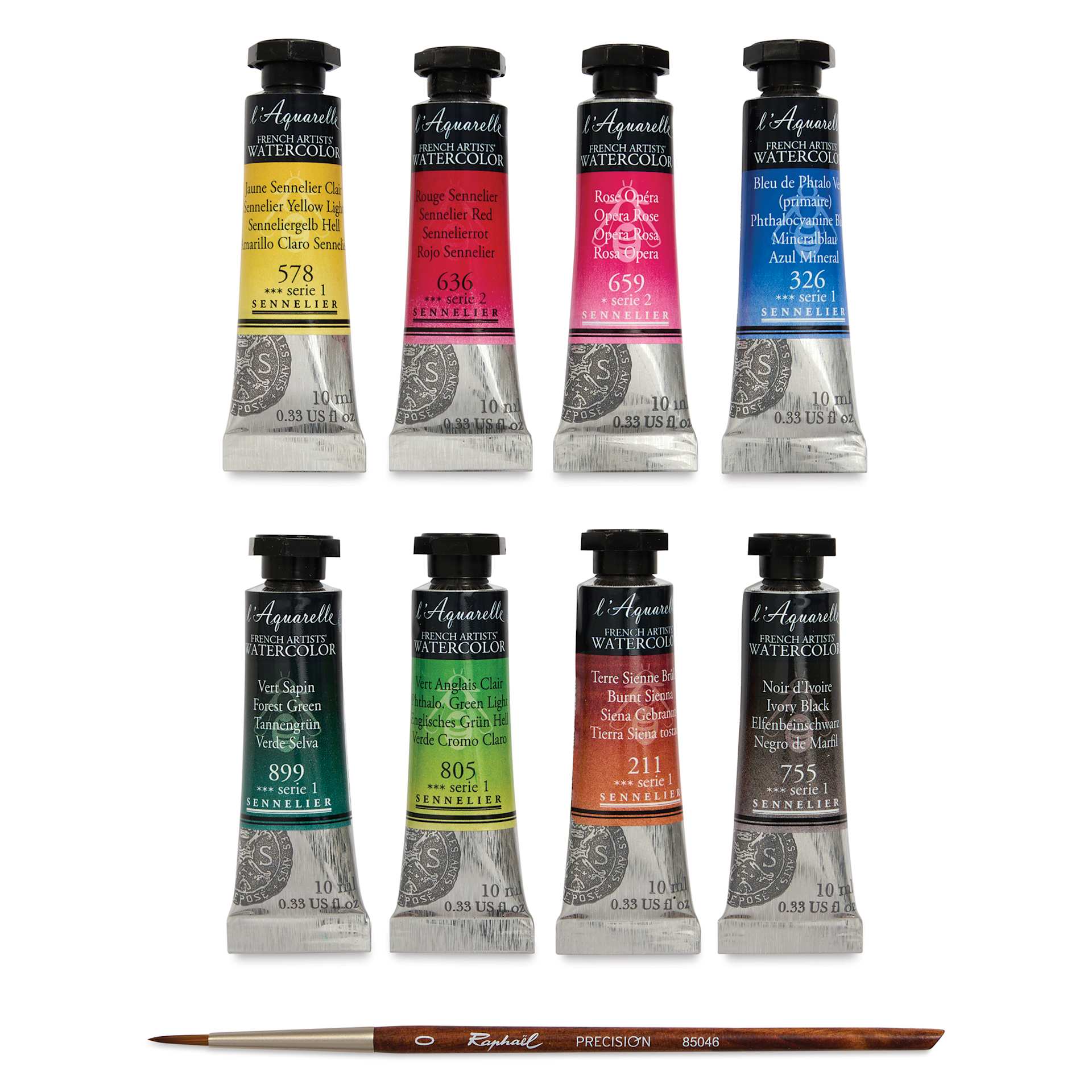 Sennelier French Artists' Watercolor Travel Set of 8 tubes and brush