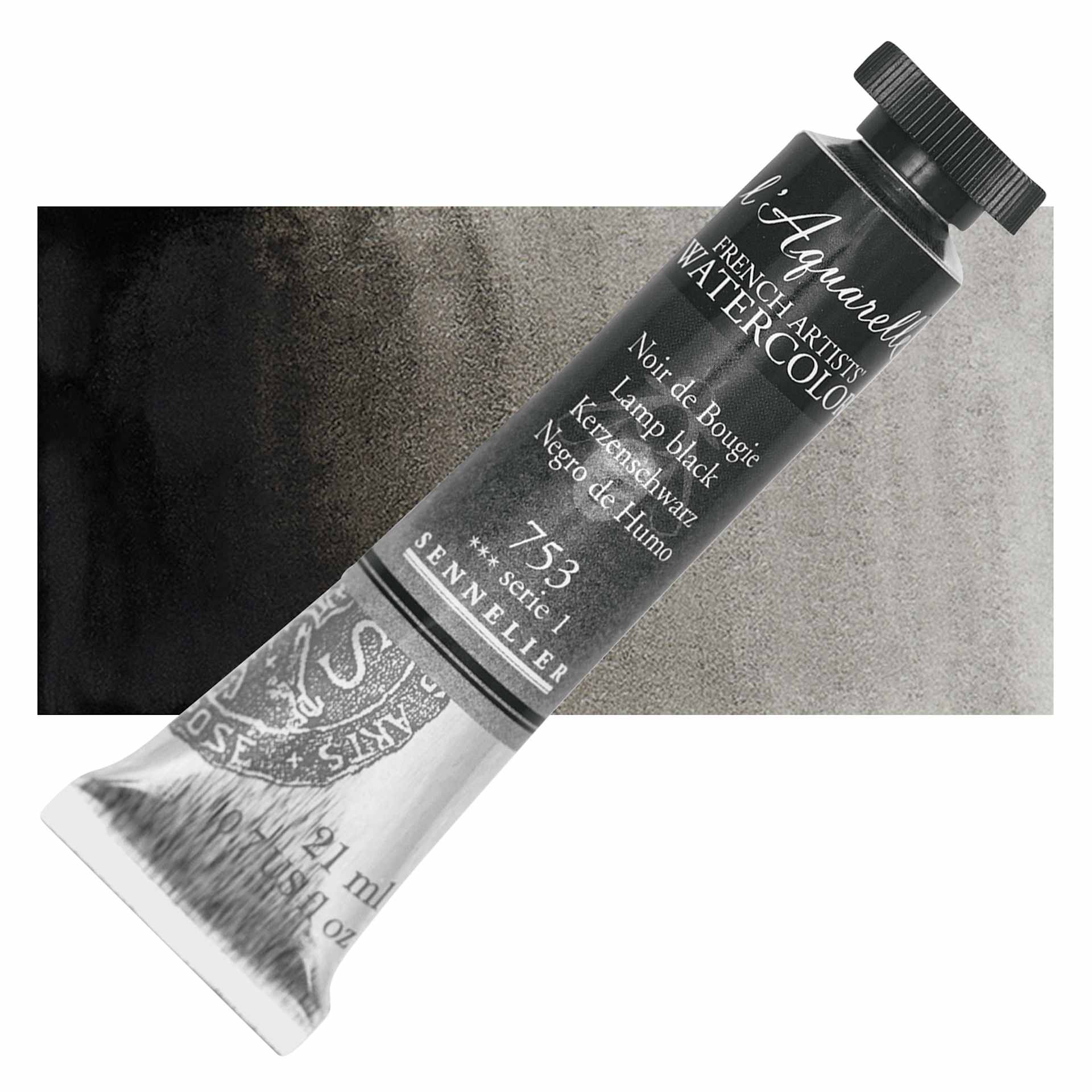 Sennelier French Artists' Watercolor - Lamp Black, 21 ml, Tube and swatch