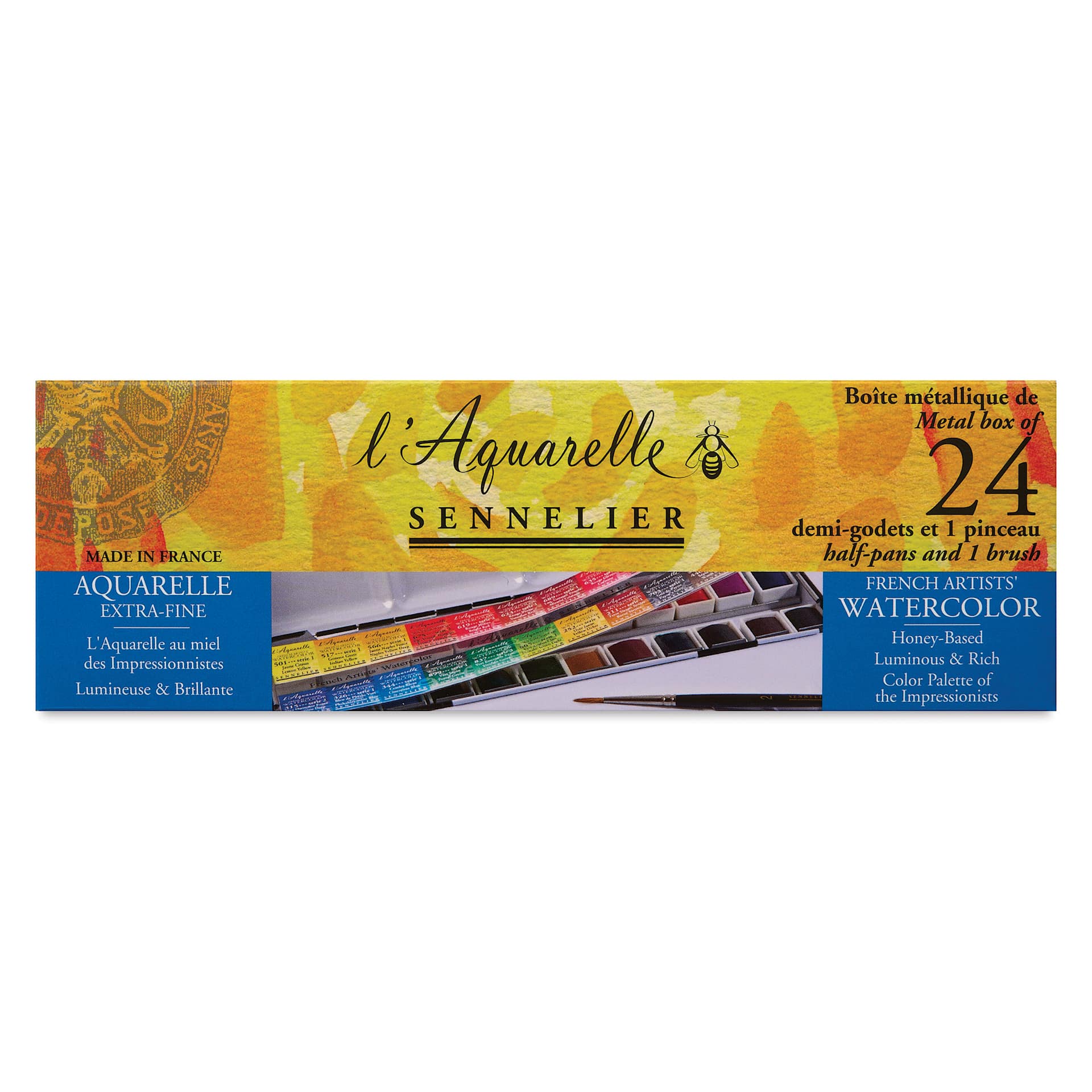 Sennelier French Artists' Watercolors - Set of 24, Metal Case, Half Pans, front of packaging Sennelier French Artists' Watercolors - Set of 24, Metal Case, Half Pans, front of packaging