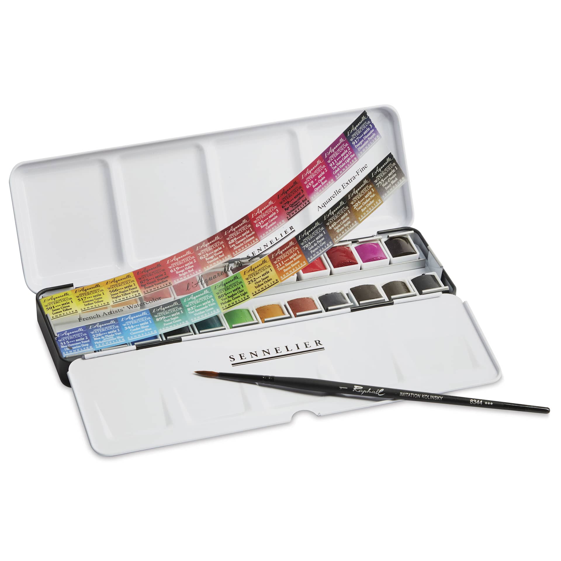 Sennelier French Artists' Watercolors - Set of 24, Metal Case, Half Pans, contents shown Sennelier French Artists' Watercolors - Set of 24, Metal Case, Half Pans, contents shown