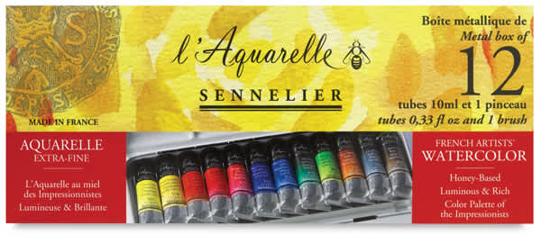 Sennelier French Artists' Watercolor Set - Metal Case, Set of 12 colors, 10 ml tubes front of package
