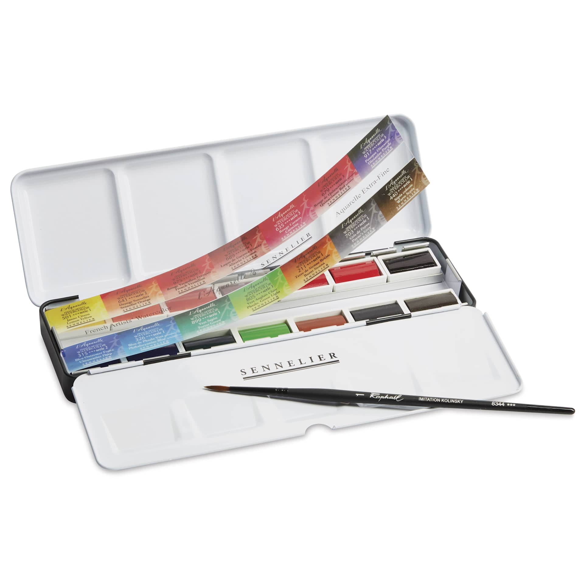Sennelier French Artists' Watercolors - Set of 14, Metal Case, Half Pans, contents shown