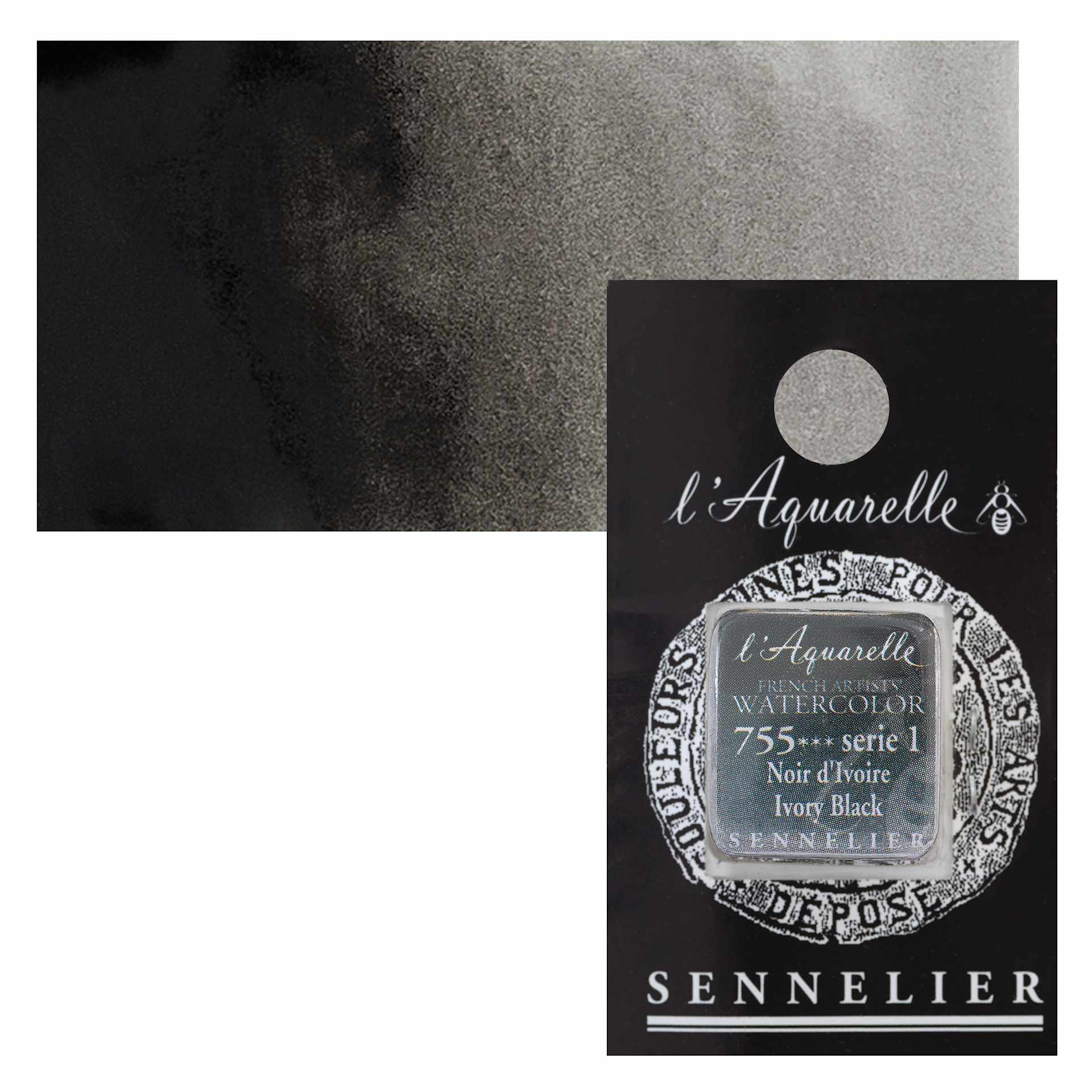 Sennelier French Artists' Watercolor - Ivory Black, Half Pan and swatch
