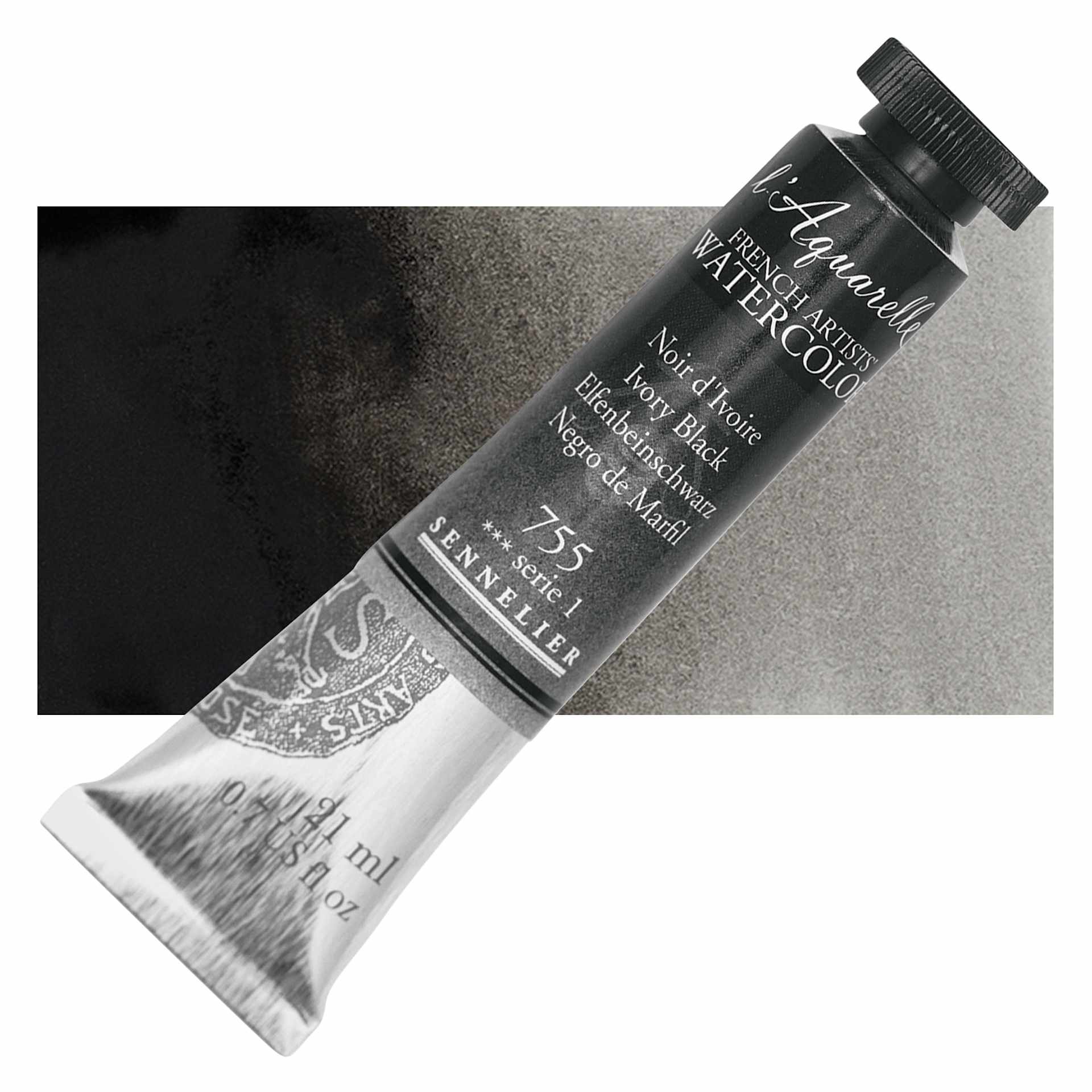 Sennelier French Artists' Watercolor - Ivory Black, 21 ml, Tube and swatch