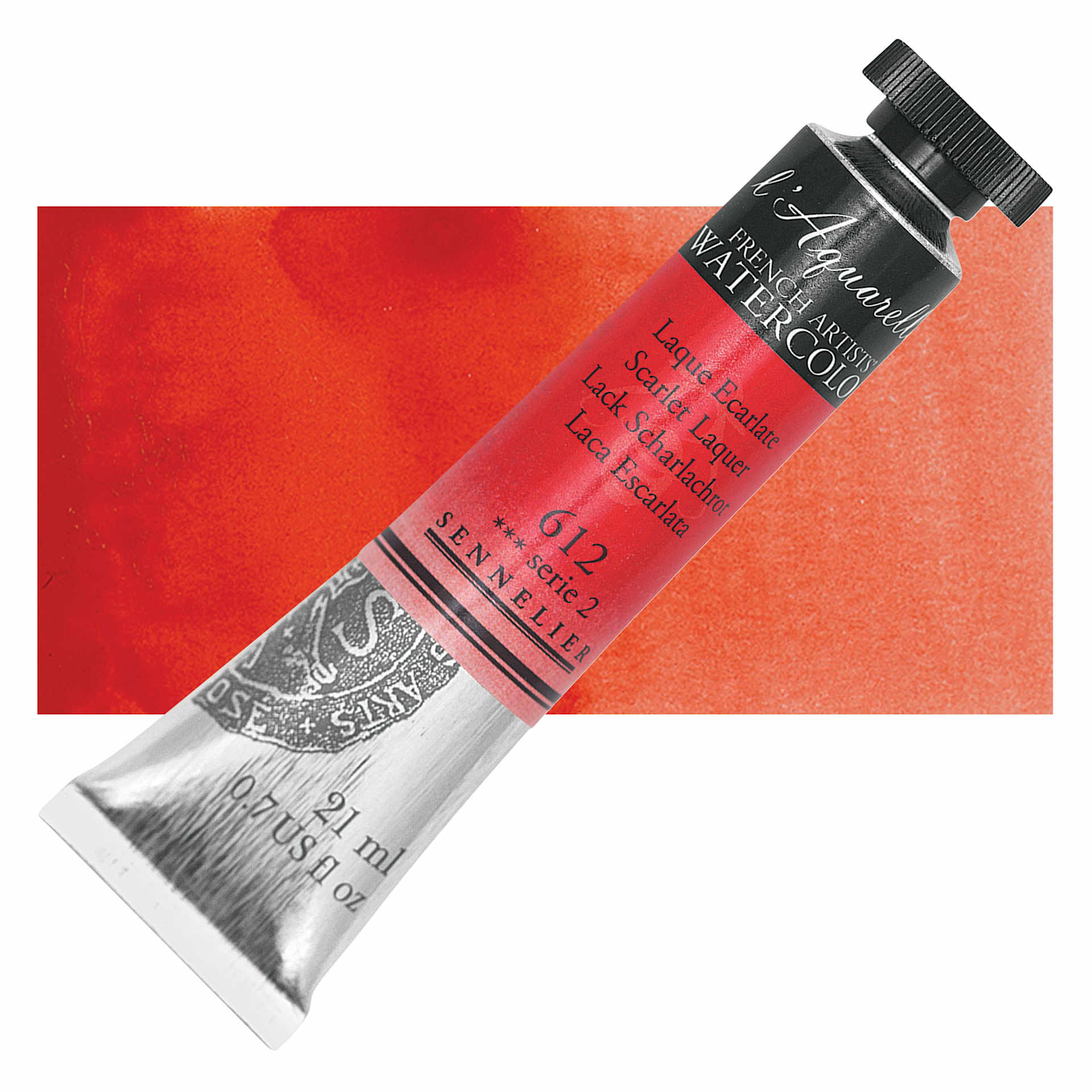 Sennelier French Artists' Watercolor - Scarlet Laquer, 21 ml, Tube and swatch