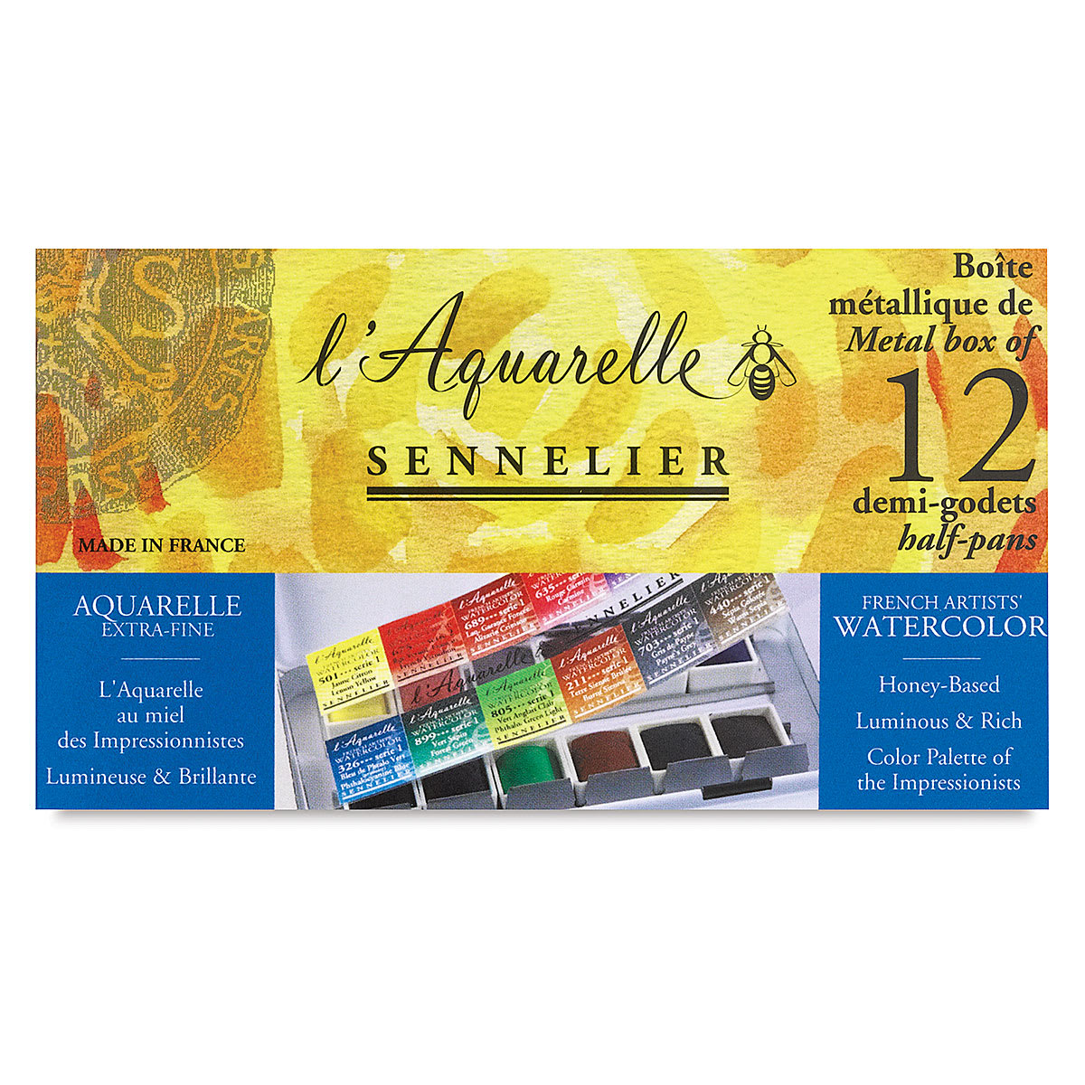 Sennelier French Artists' Watercolor Set - Metal Pocket Case, Set of 12 colors, half pans front of package