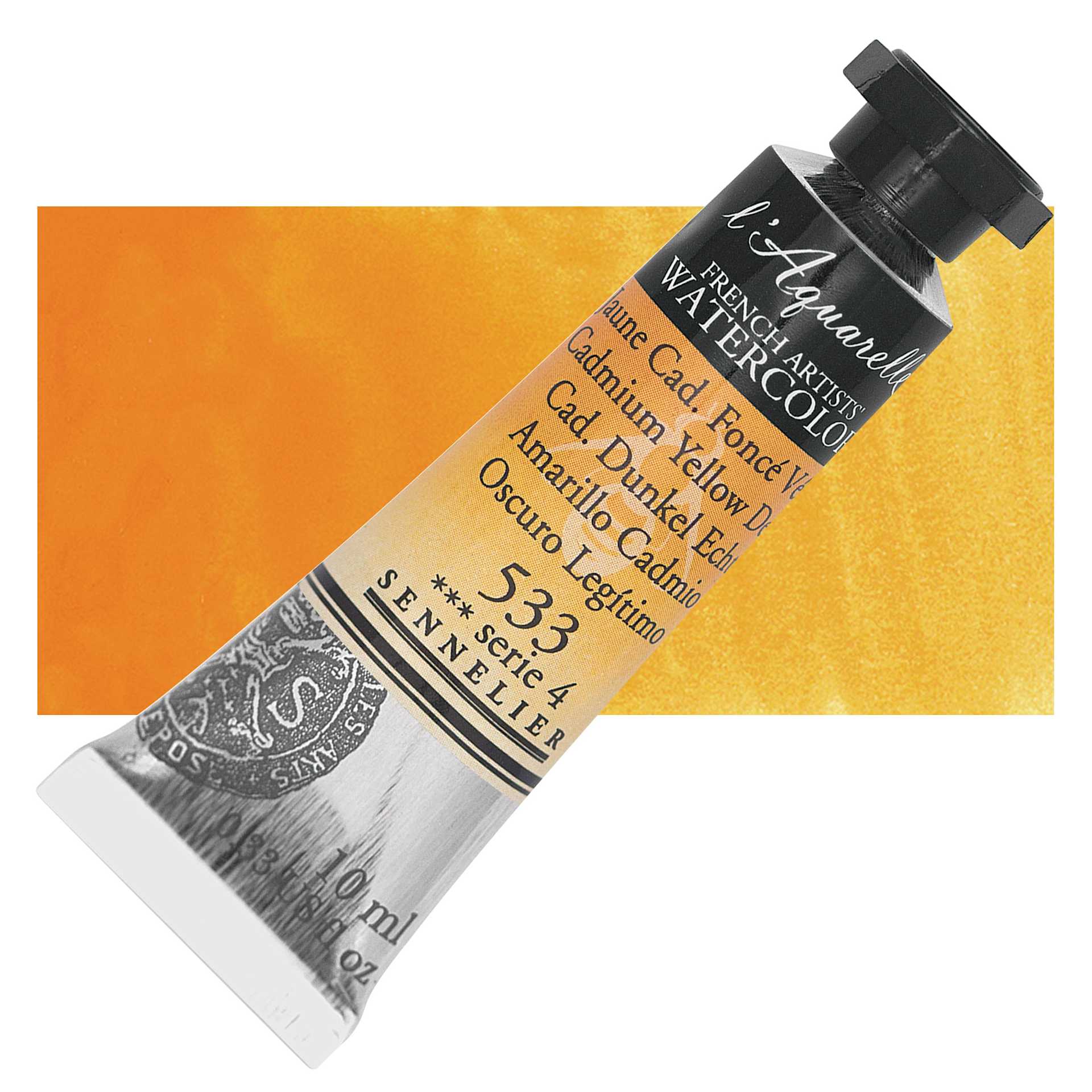 Sennelier French Artists' Watercolor - Cadmium Yellow Deep, 10 ml, Tube and swatch