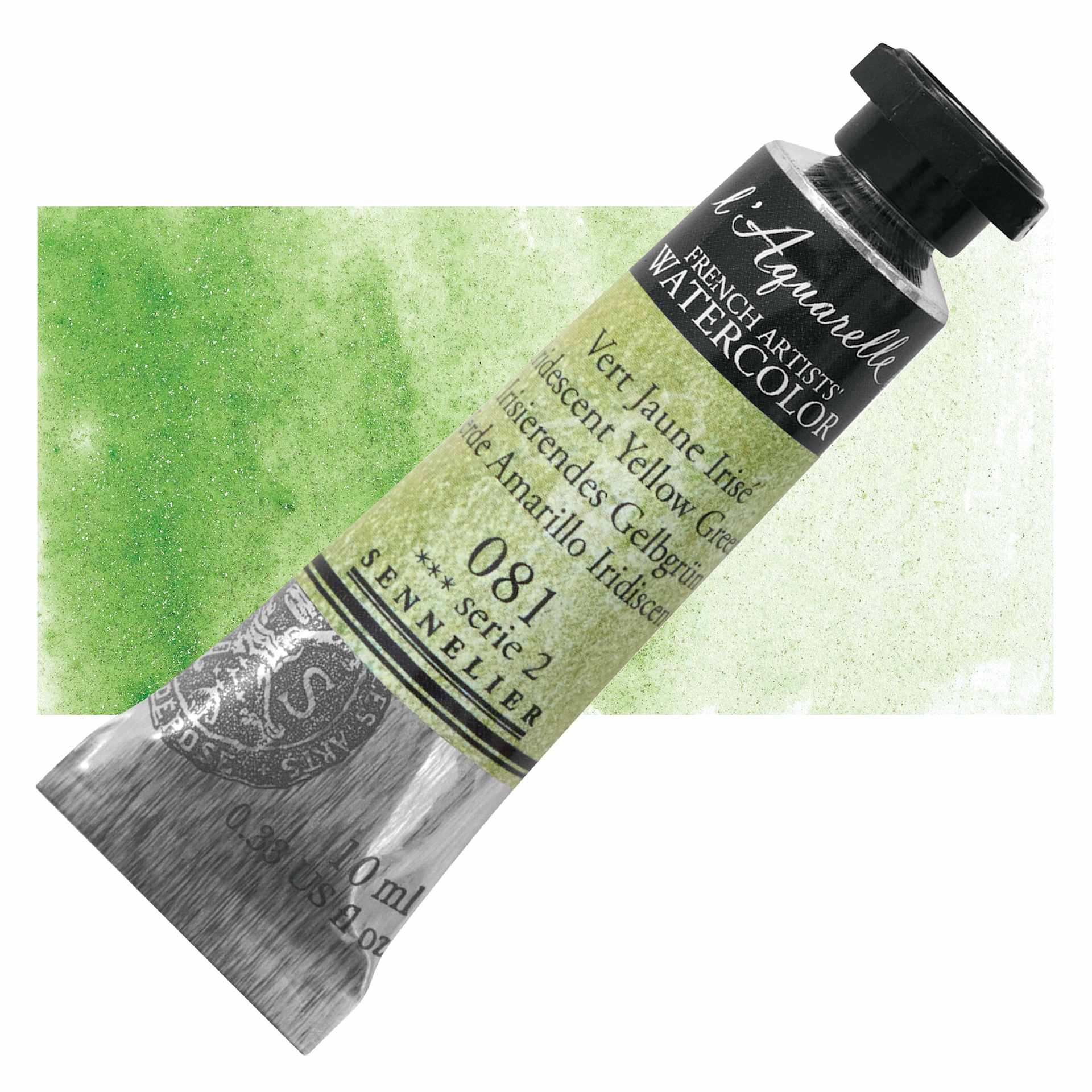 Sennelier French Artists' Watercolor - Iridescent Yellow Green, 10 ml Tube and Swatch