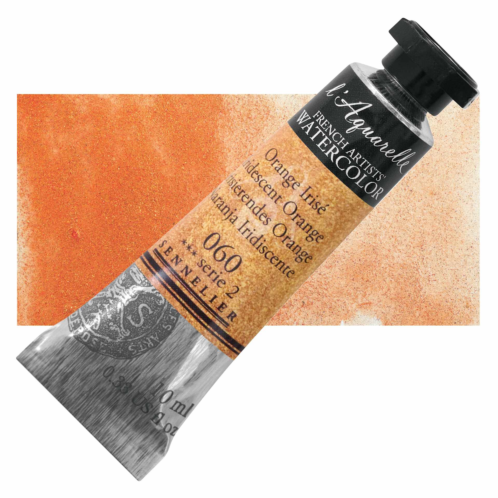 Sennelier French Artists' Watercolor - Iridescent Orange, 10 ml Tube and Swatch