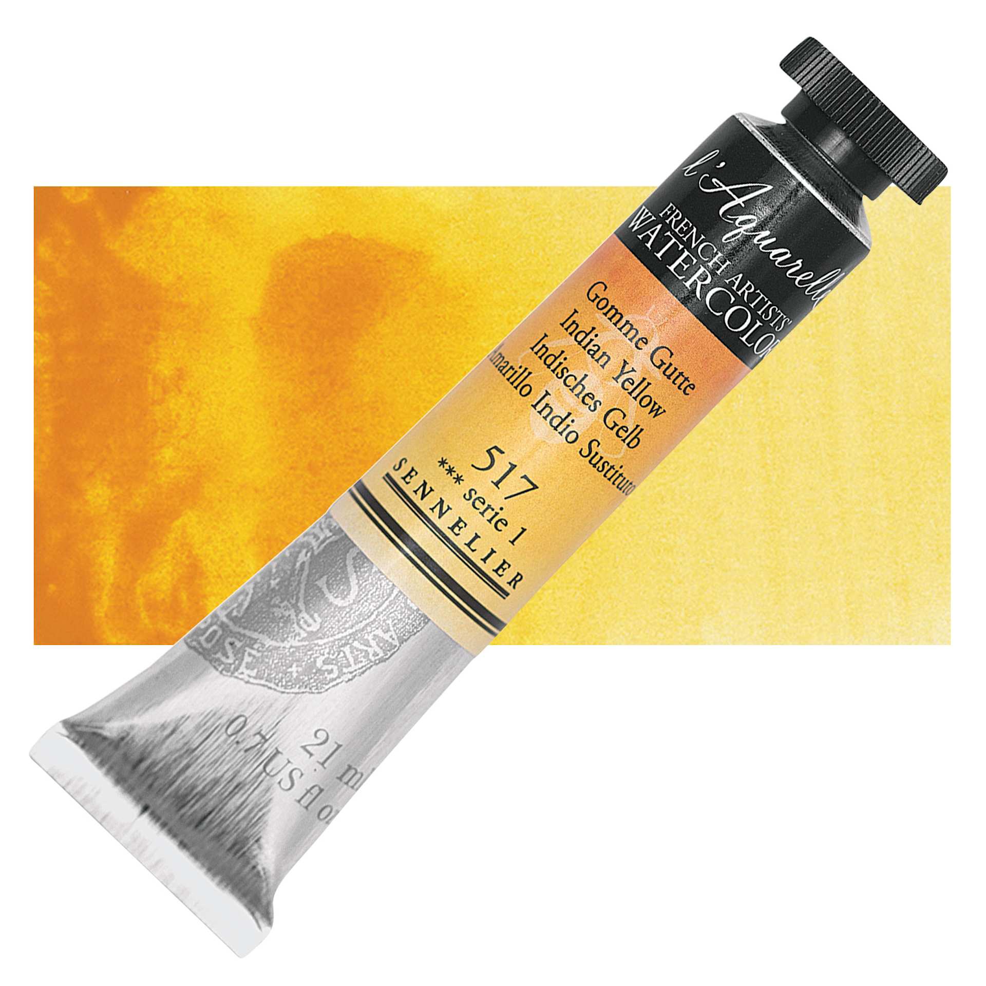 Sennelier French Artists' Watercolor - Indian Yellow, 21 ml, Tube and swatch