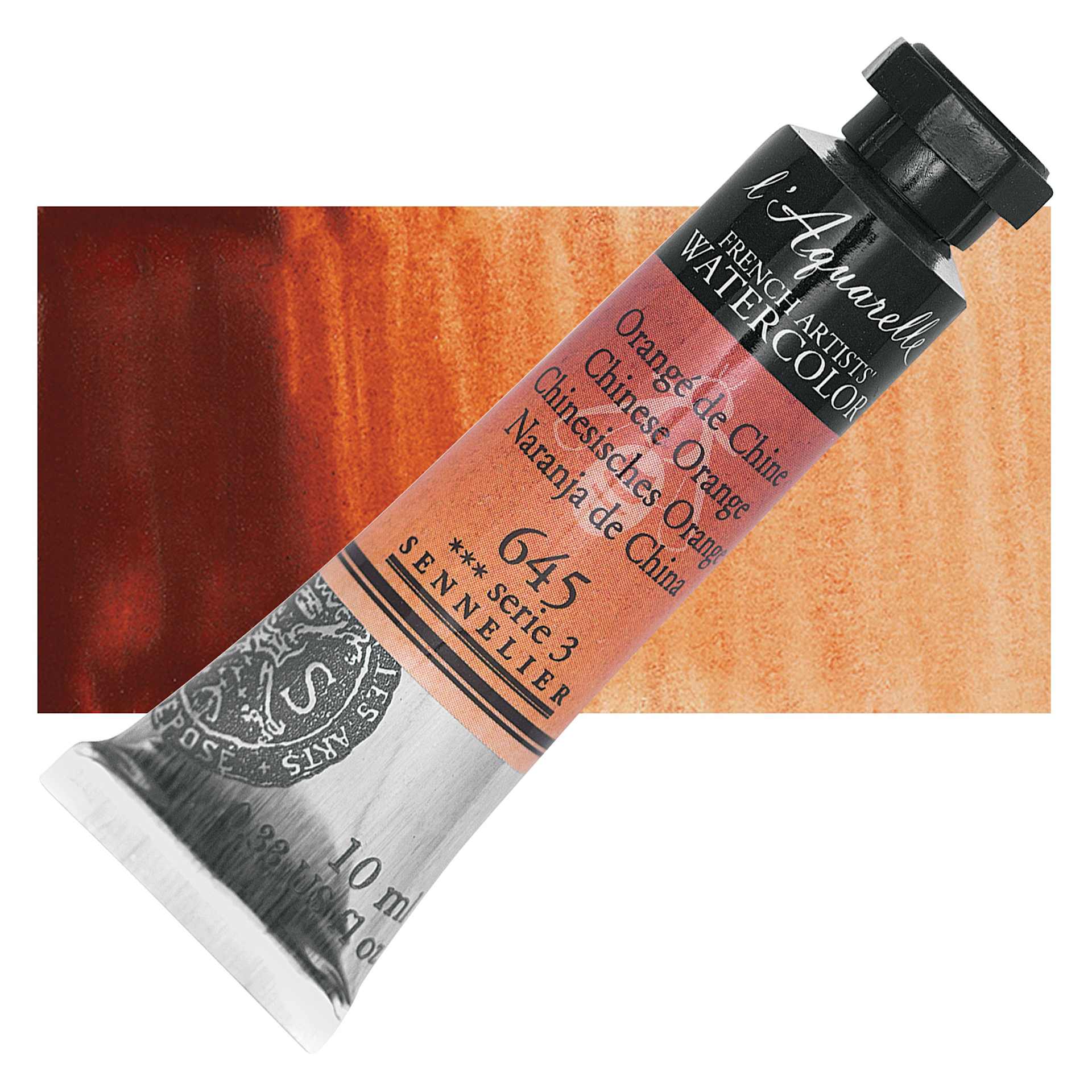Sennelier French Artists' Watercolor - Chinese Orange, 10 ml, Tube and swatch