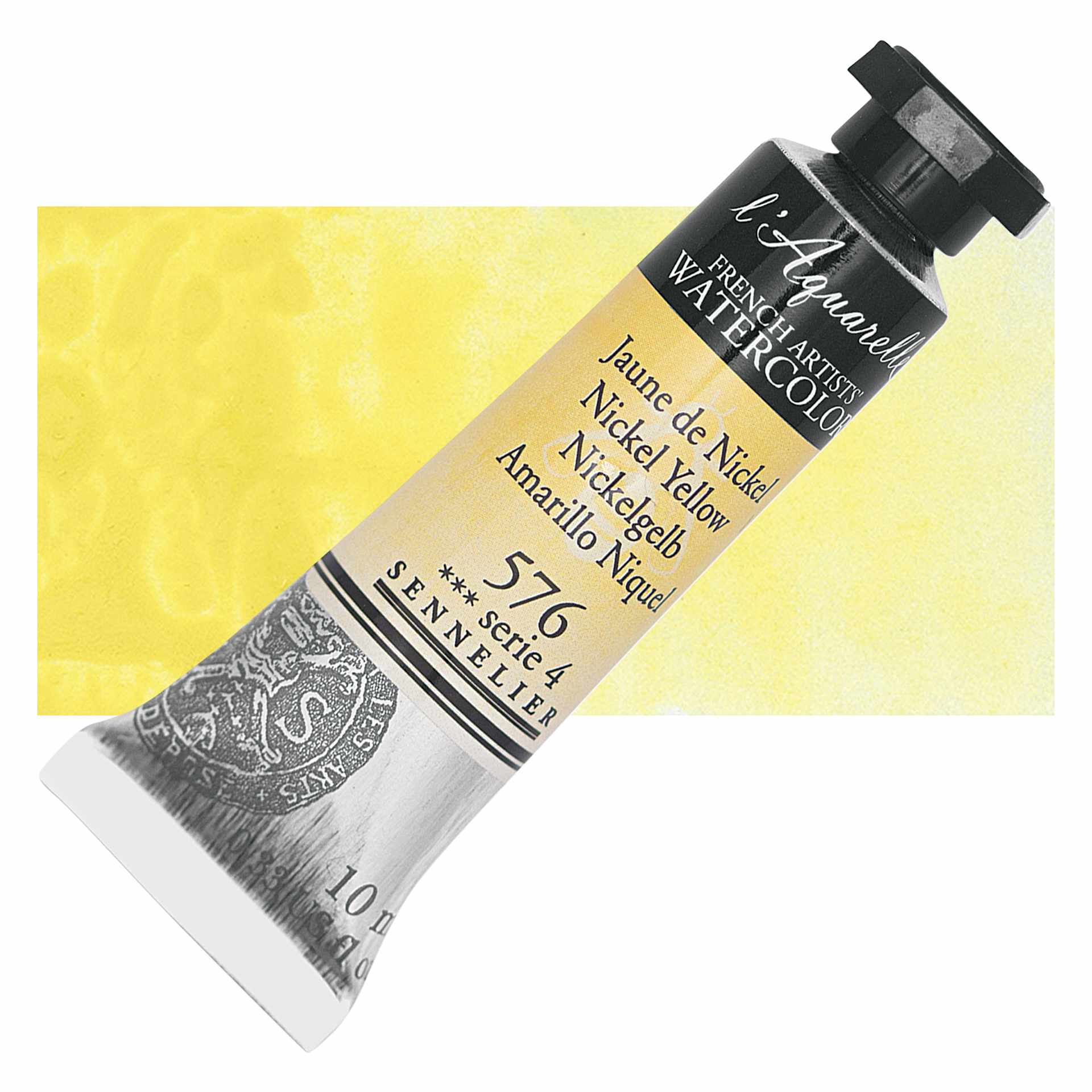 Sennelier French Artists' Watercolor - Nickel Yellow, 10 ml, Tube and swatch