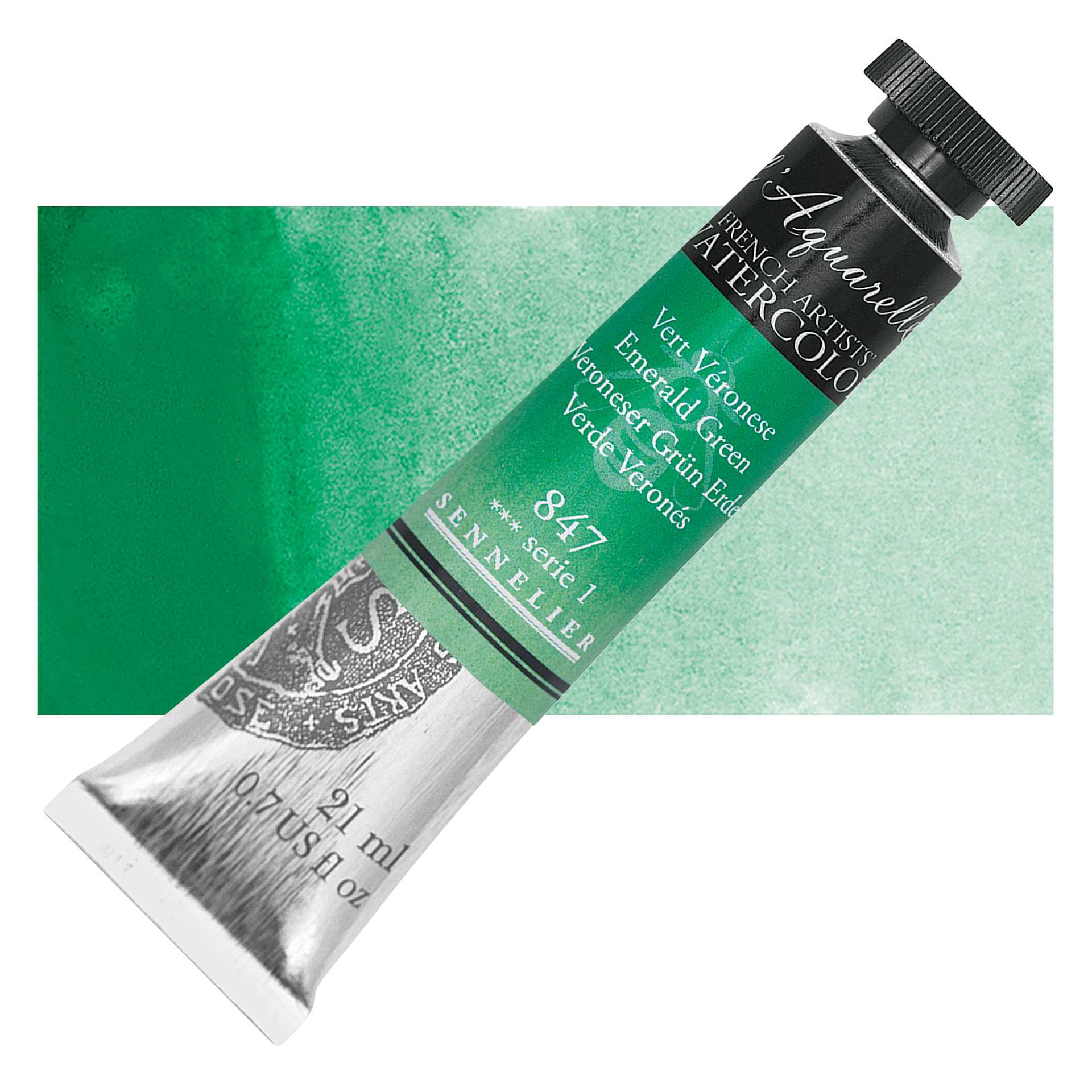 Sennelier French Artists' Watercolor - Emerald Green, 21 ml, Tube and swatch