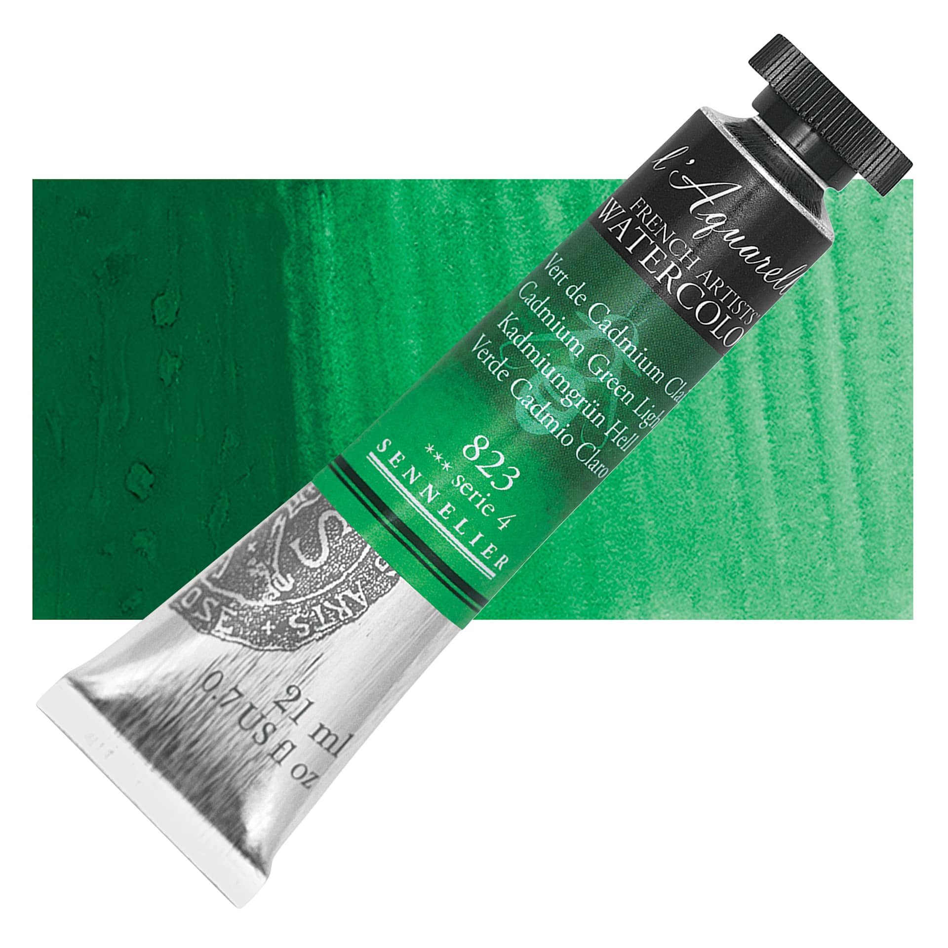 Sennelier French Artists' Watercolor - Cadmium Green Light, 21 ml, Tube and swatch