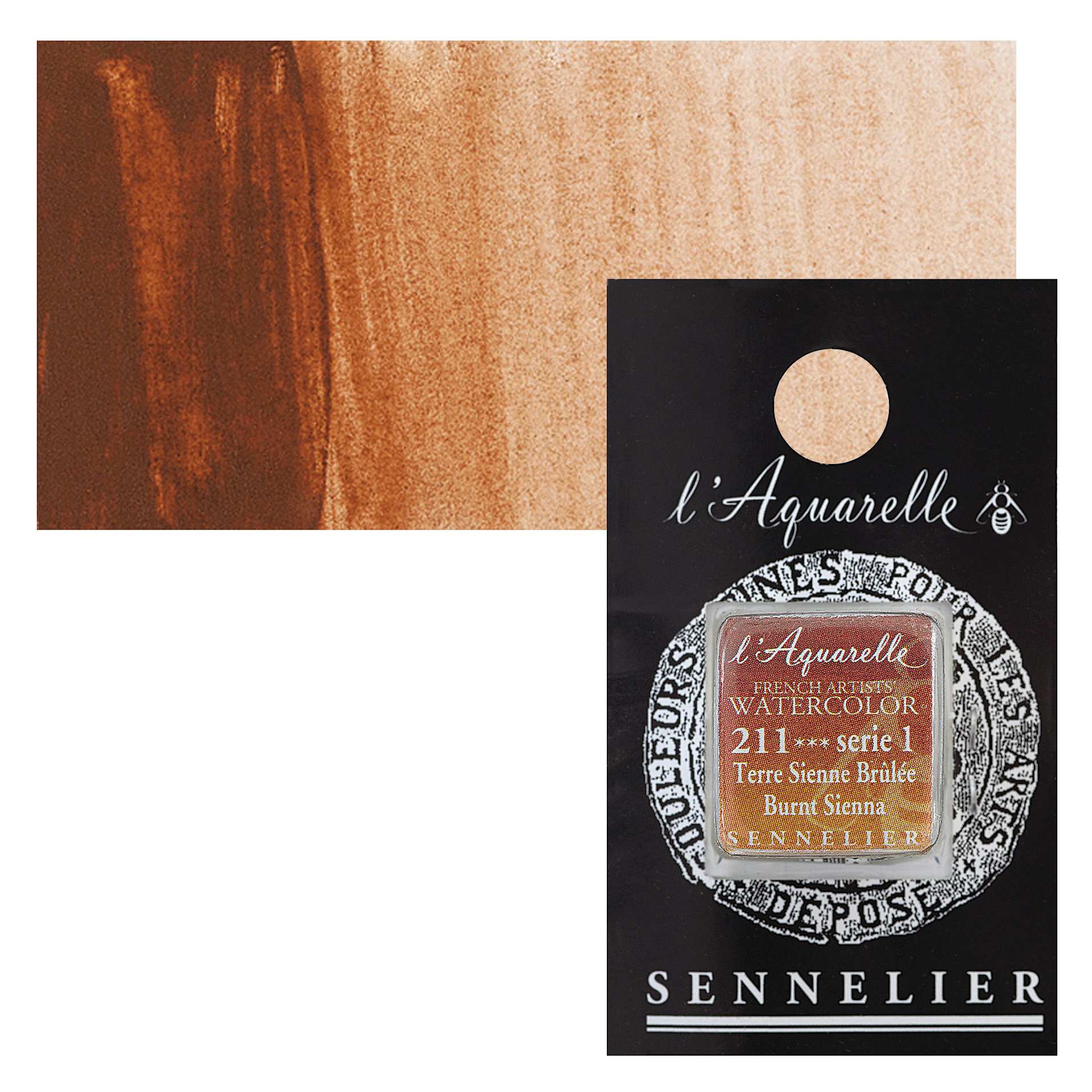 Sennelier French Artists' Watercolor - Burnt Sienna, half pan and swatch