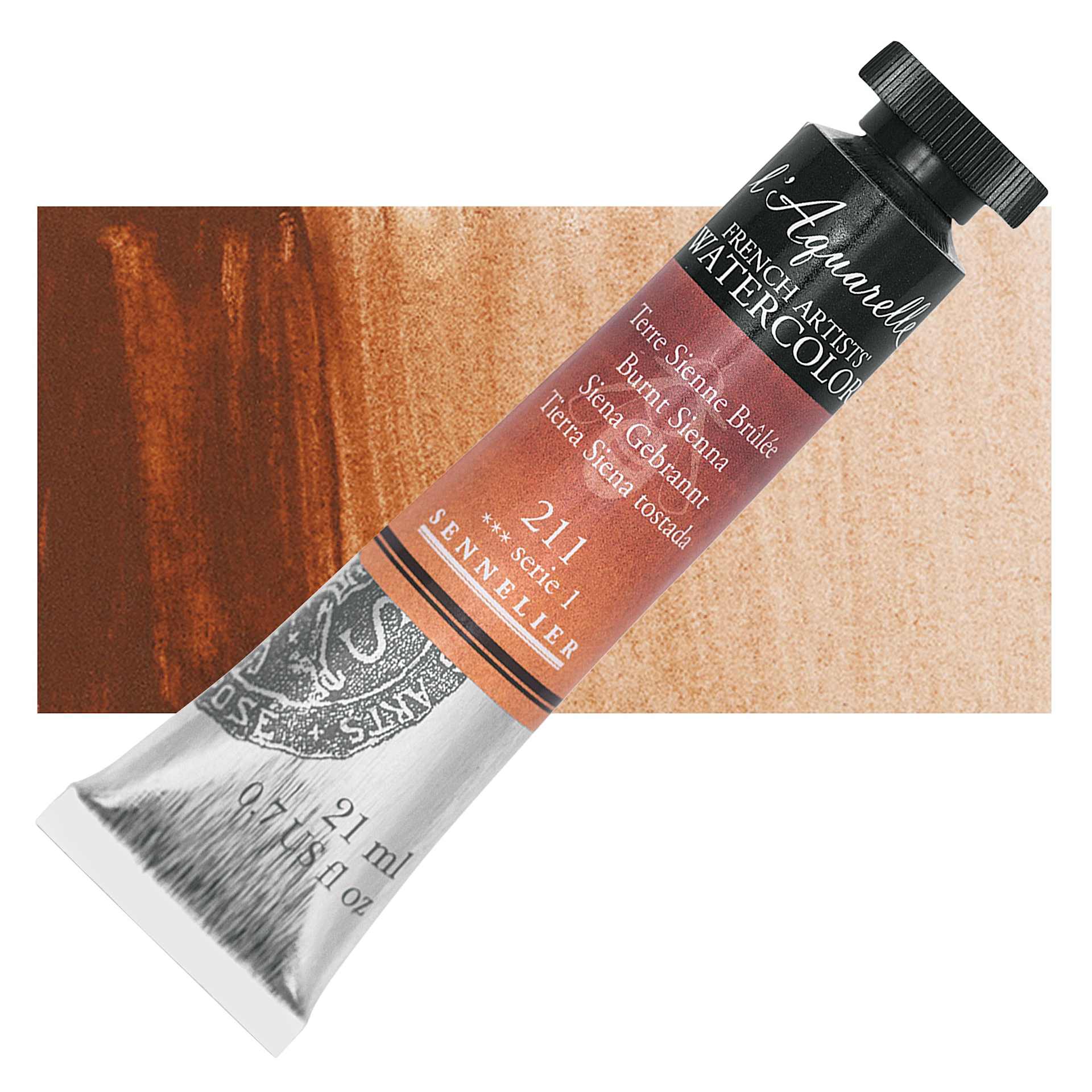 Sennelier French Artists' Watercolor - Burnt Sienna, 21 ml, Tube and swatch