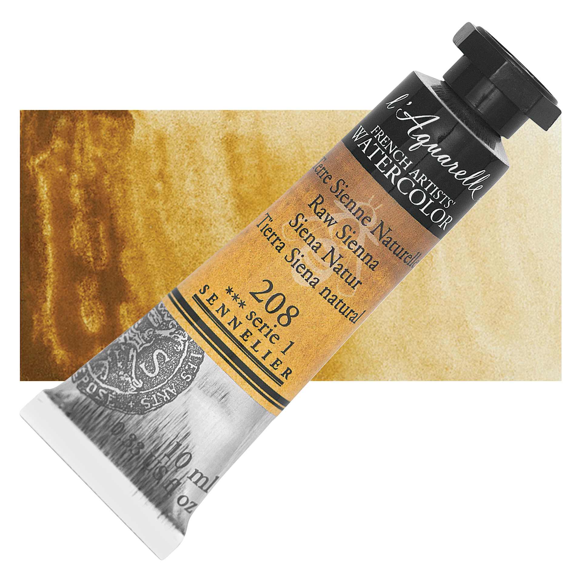Sennelier French Artists' Watercolor - Raw Sienna, 10 ml Tube and swatch