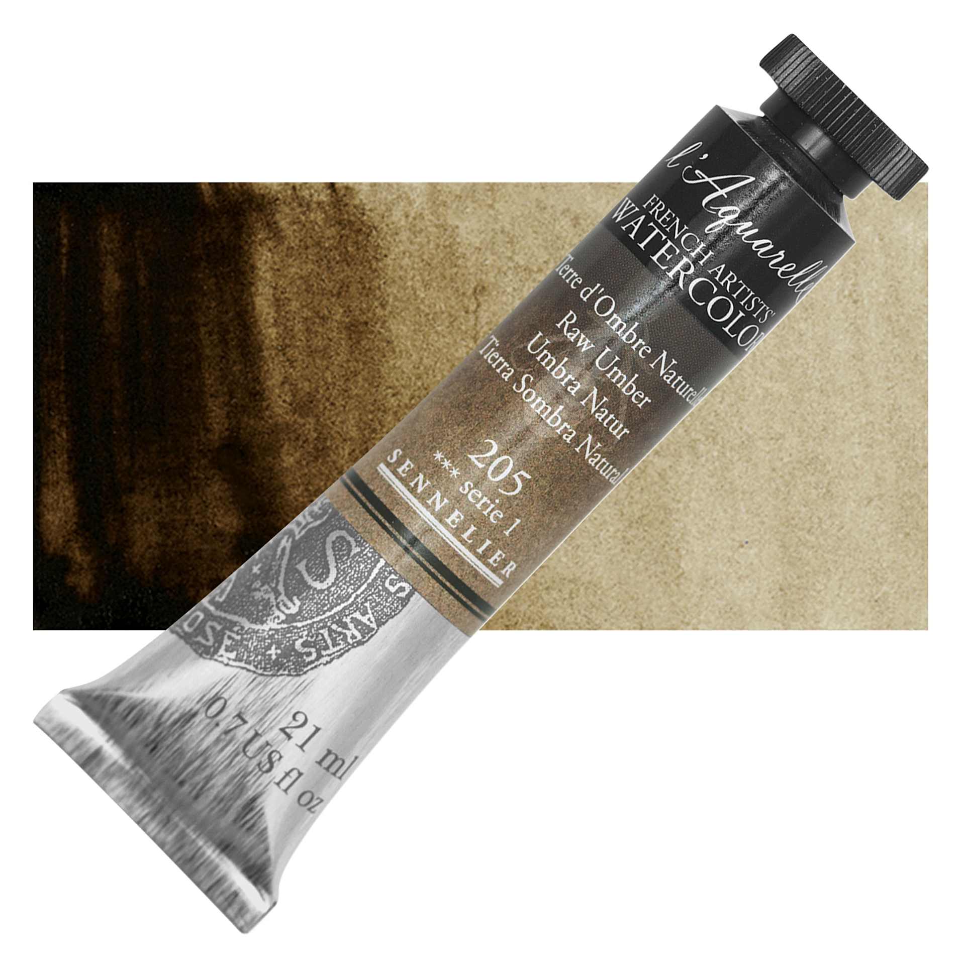 Sennelier French Artists' Watercolor - Raw Umber, 21 ml Tube and swatch