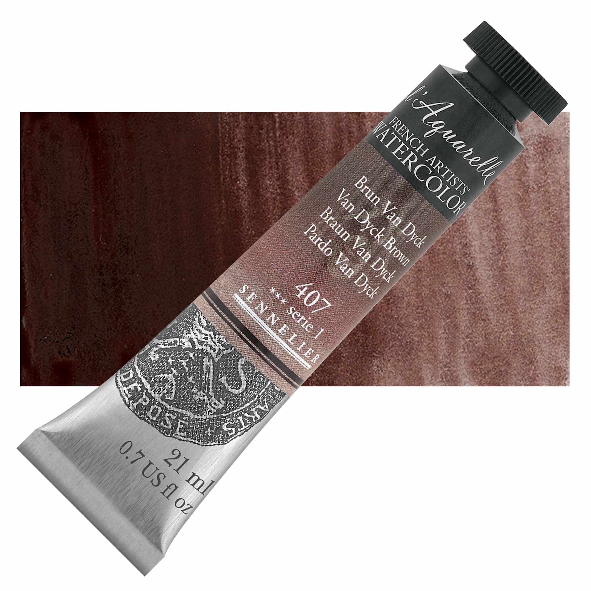 Sennelier French Artists' Watercolor - Van Dyck Brown, 21 ml Tube and swatch