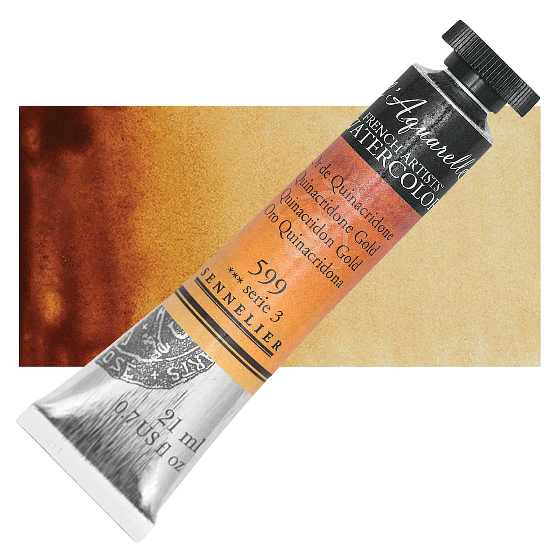 Sennelier French Artists' Watercolor - Quinacridone Gold, 21 ml Tube and swatch