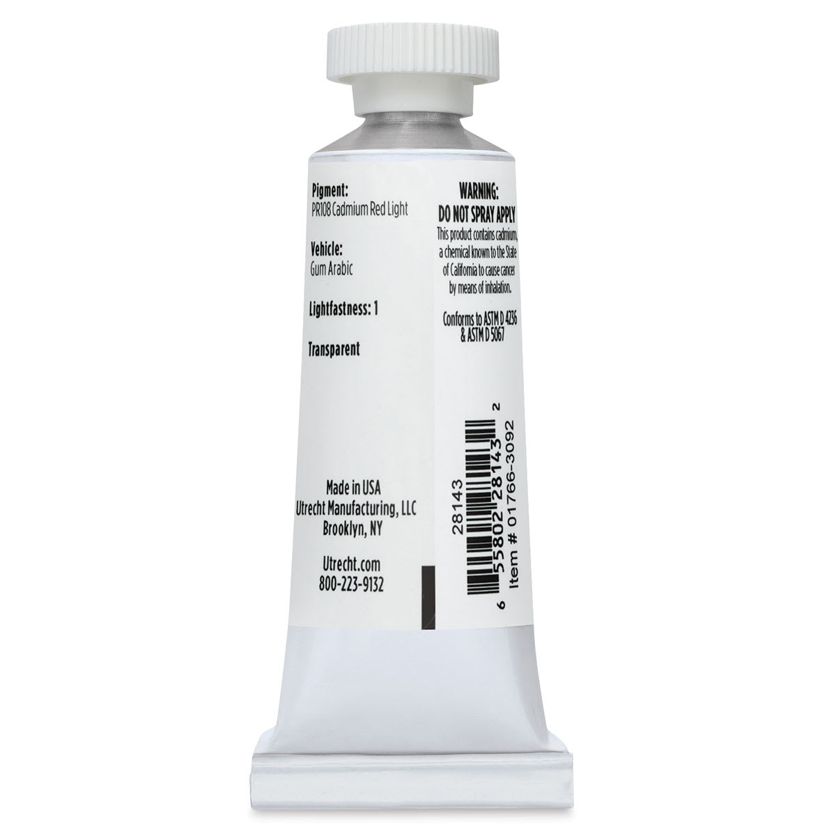 Utrecht Artists' Watercolor Paint - Cadmium Red Light, 14 ml, Tube (Back)