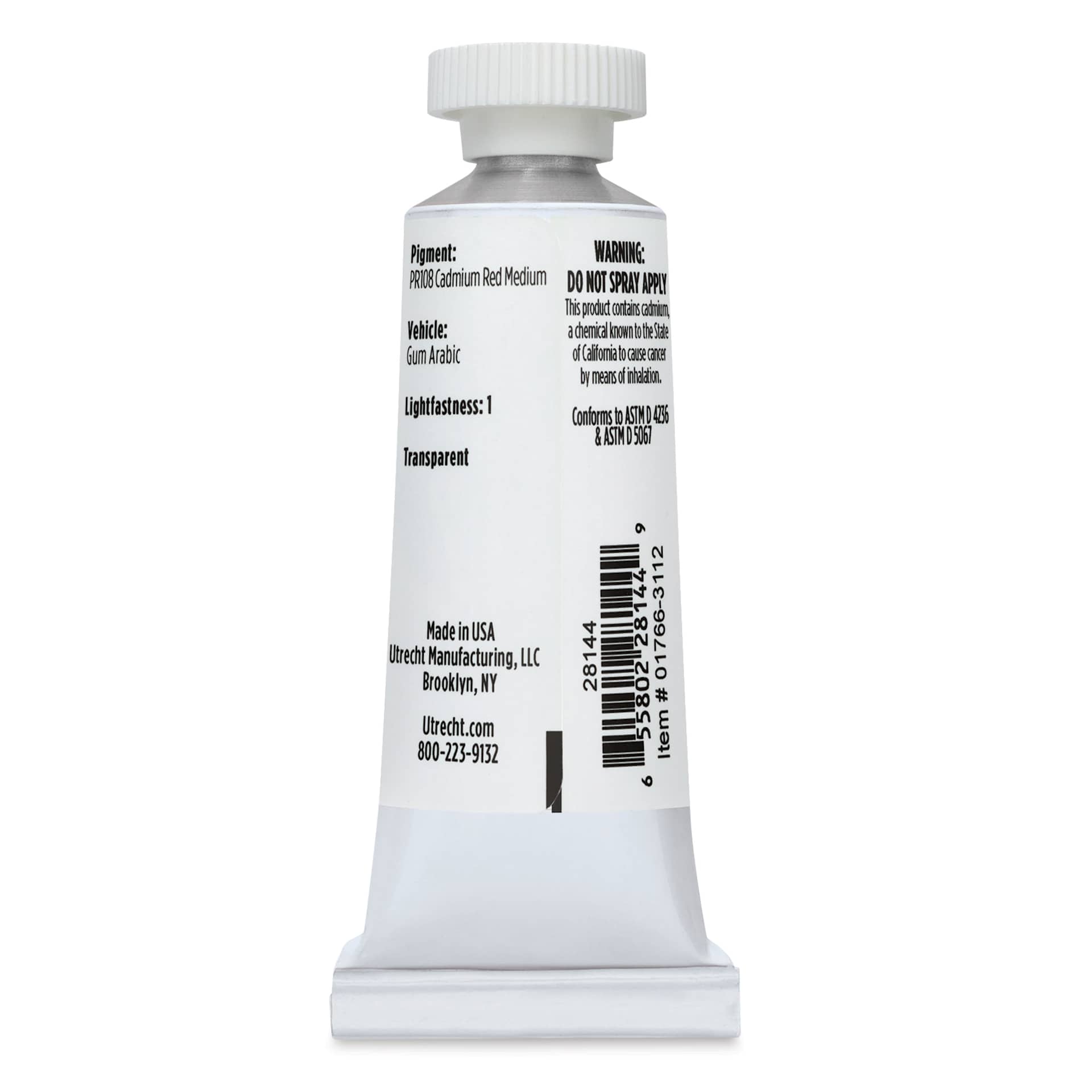 Utrecht Artists' Watercolor Paint - Cadmium Red Medium, 14 ml, Tube (Back)