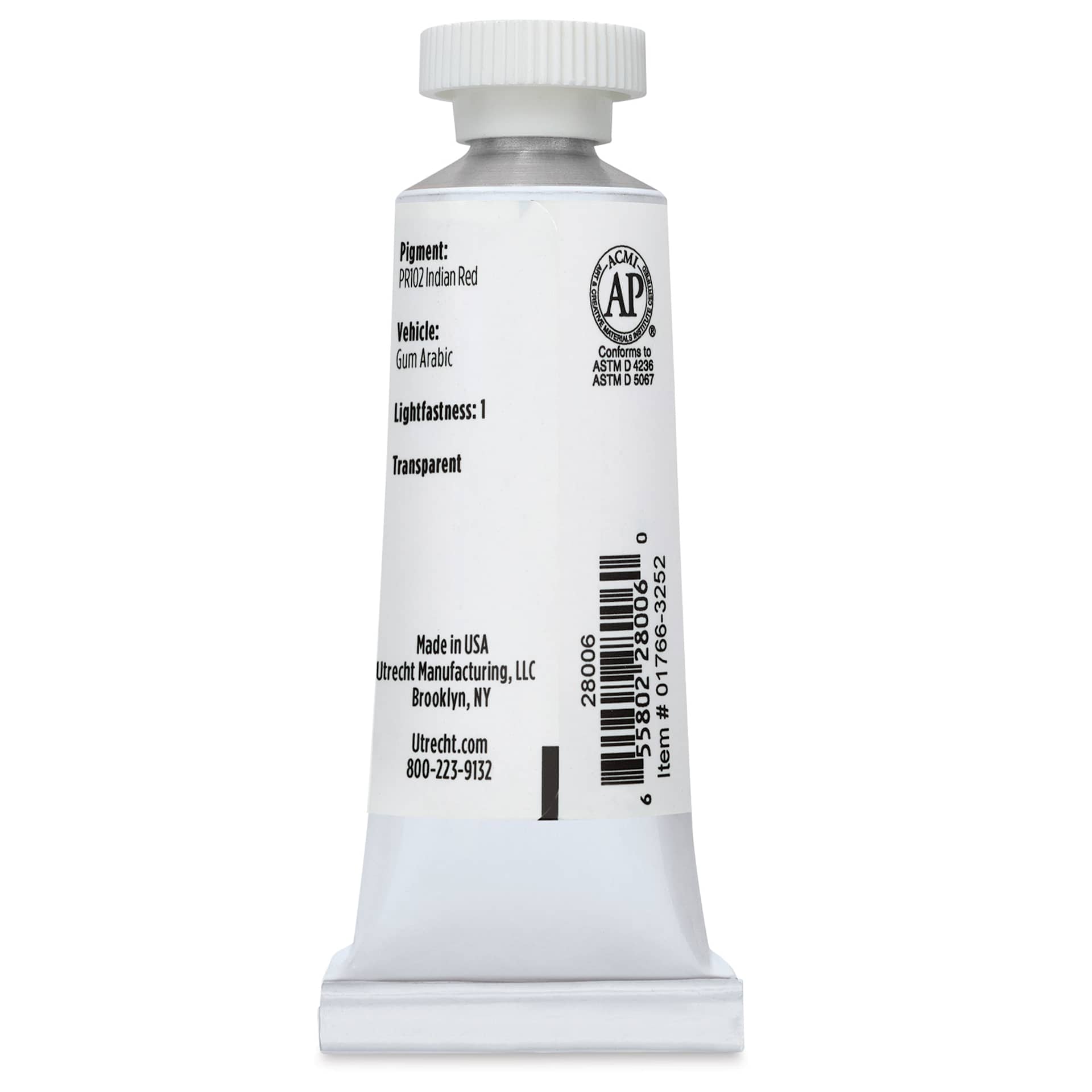 Utrecht Artists' Watercolor Paint - Indian Red, 14 ml, Tube (Back)