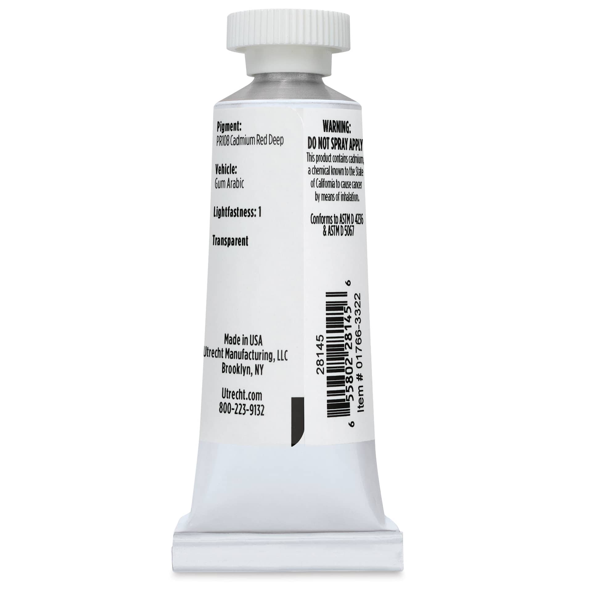 Utrecht Artists' Watercolor Paint - Cadmium Red Deep, 14 ml, Tube (Back)
