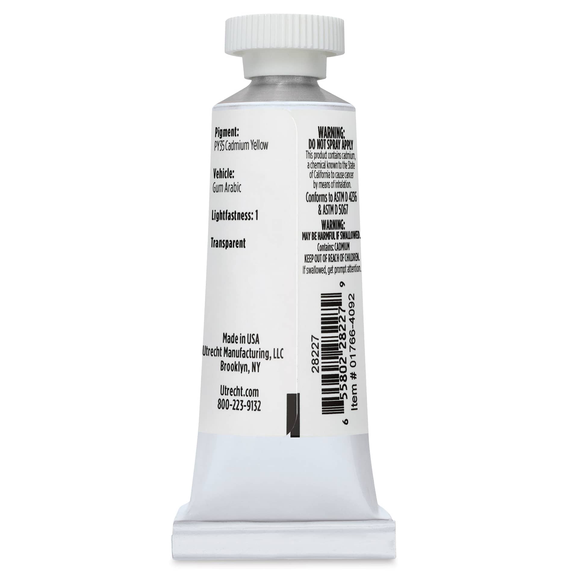 Utrecht Artists' Watercolor Paint - Cadmium Yellow Medium, 14 ml, Tube (Back)