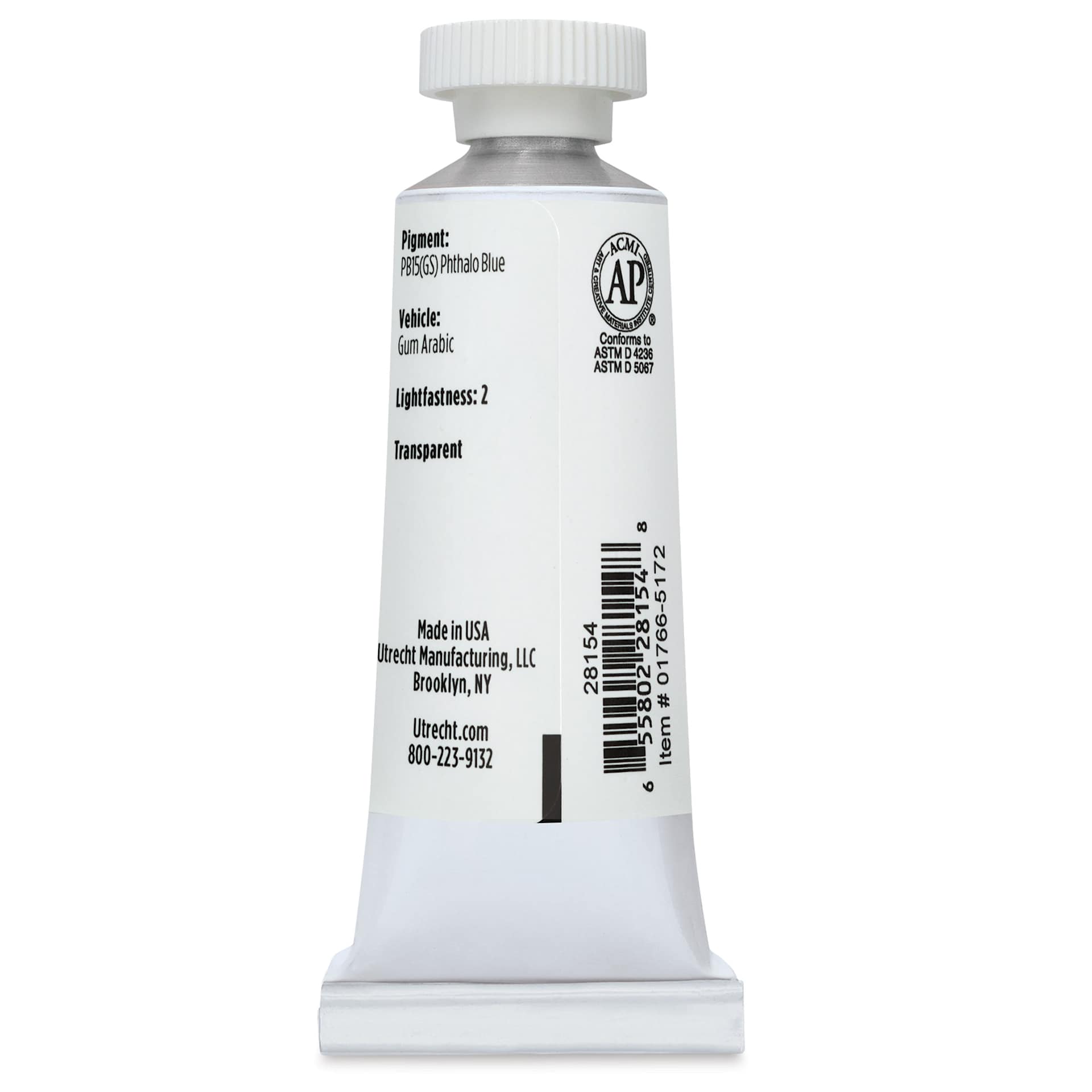 Utrecht Artists' Watercolor Paint - Phthalo Blue, 14 ml, Tube (Back)