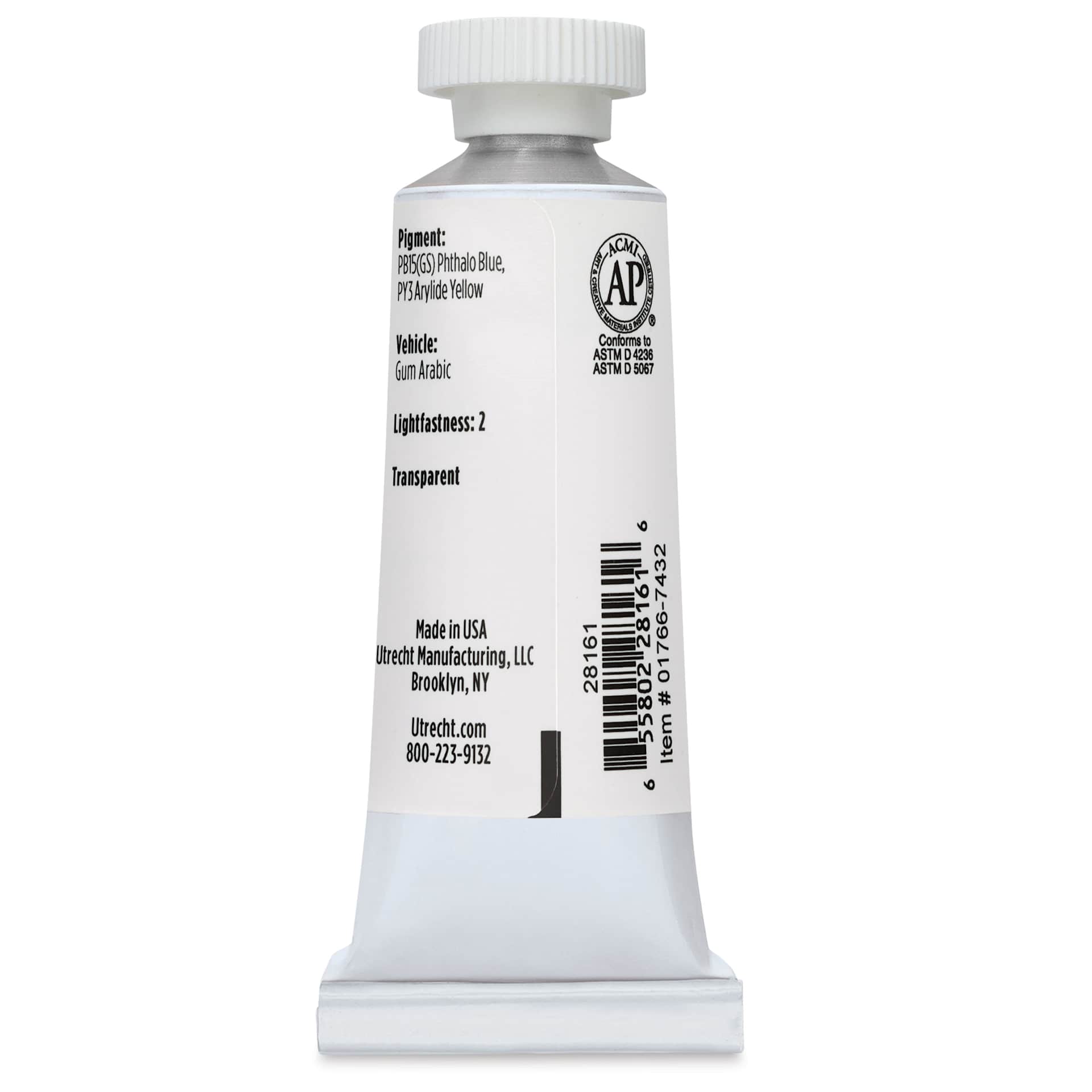 Utrecht Artists' Watercolor Paint - Permanent Green Light, 14 ml, Tube (Back)