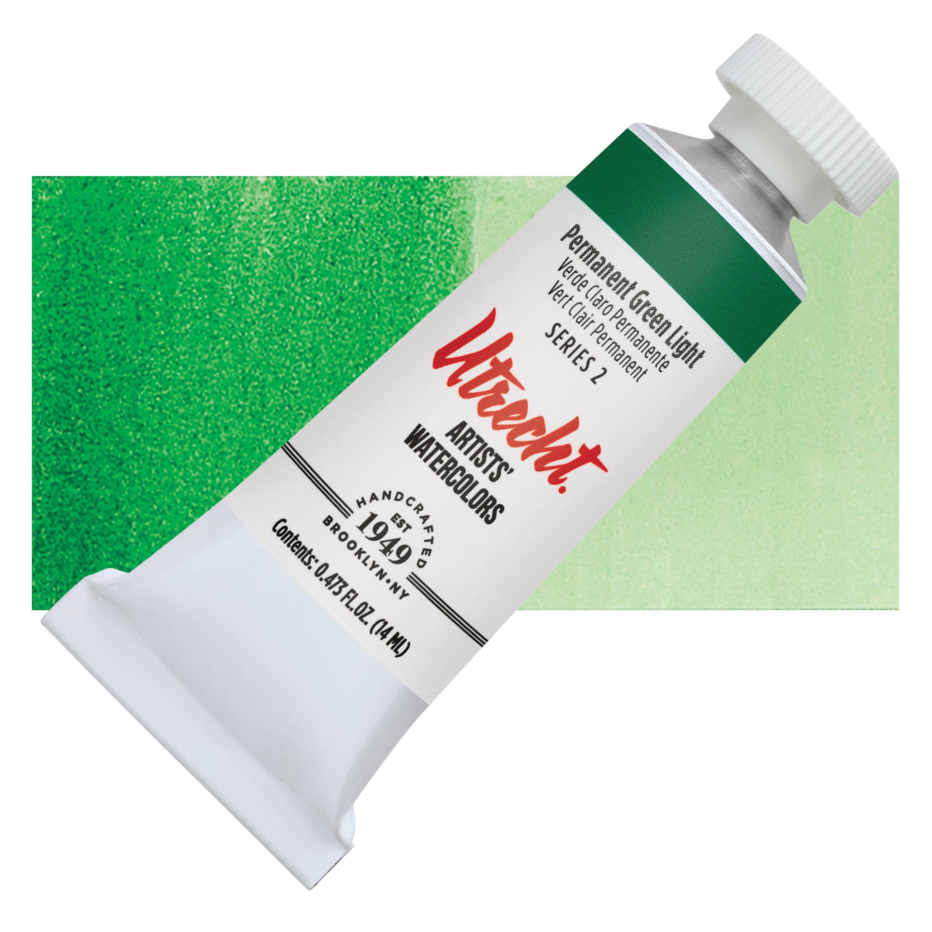 Utrecht Artists' Watercolor Paint - Permanent Green Light, 14 ml tube and swatch