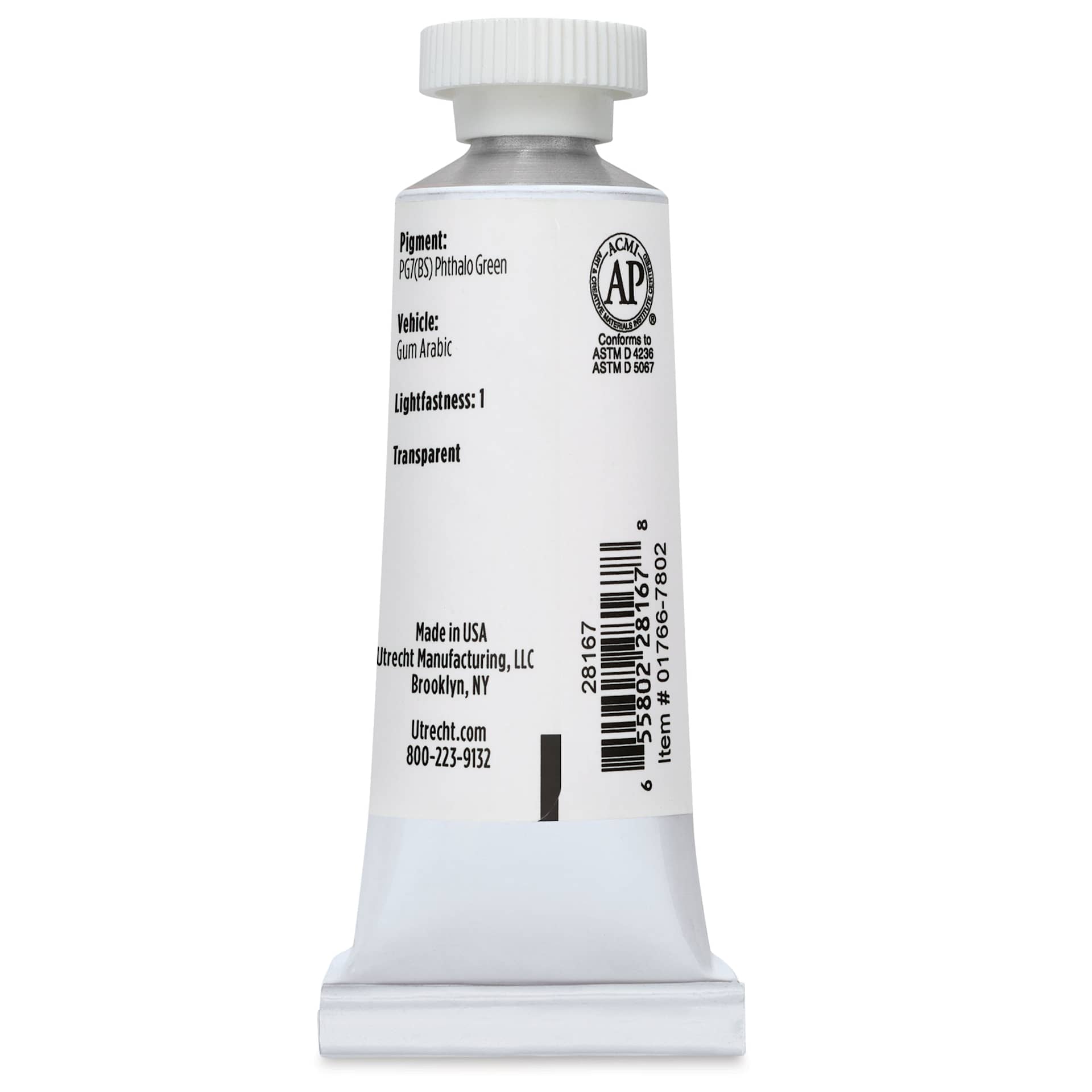 Utrecht Artists' Watercolor Paint - Phthalo Green, 14 ml, Tube (Back)