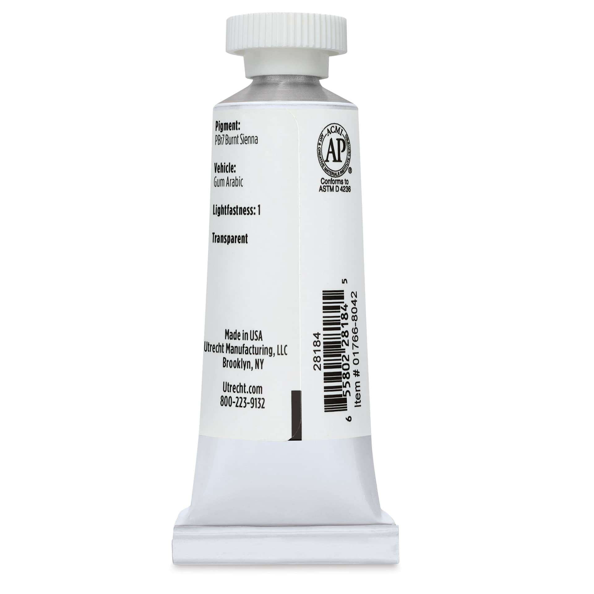 Utrecht Artists' Watercolor Paint - Burnt Sienna, 14 ml, Tube (Back)