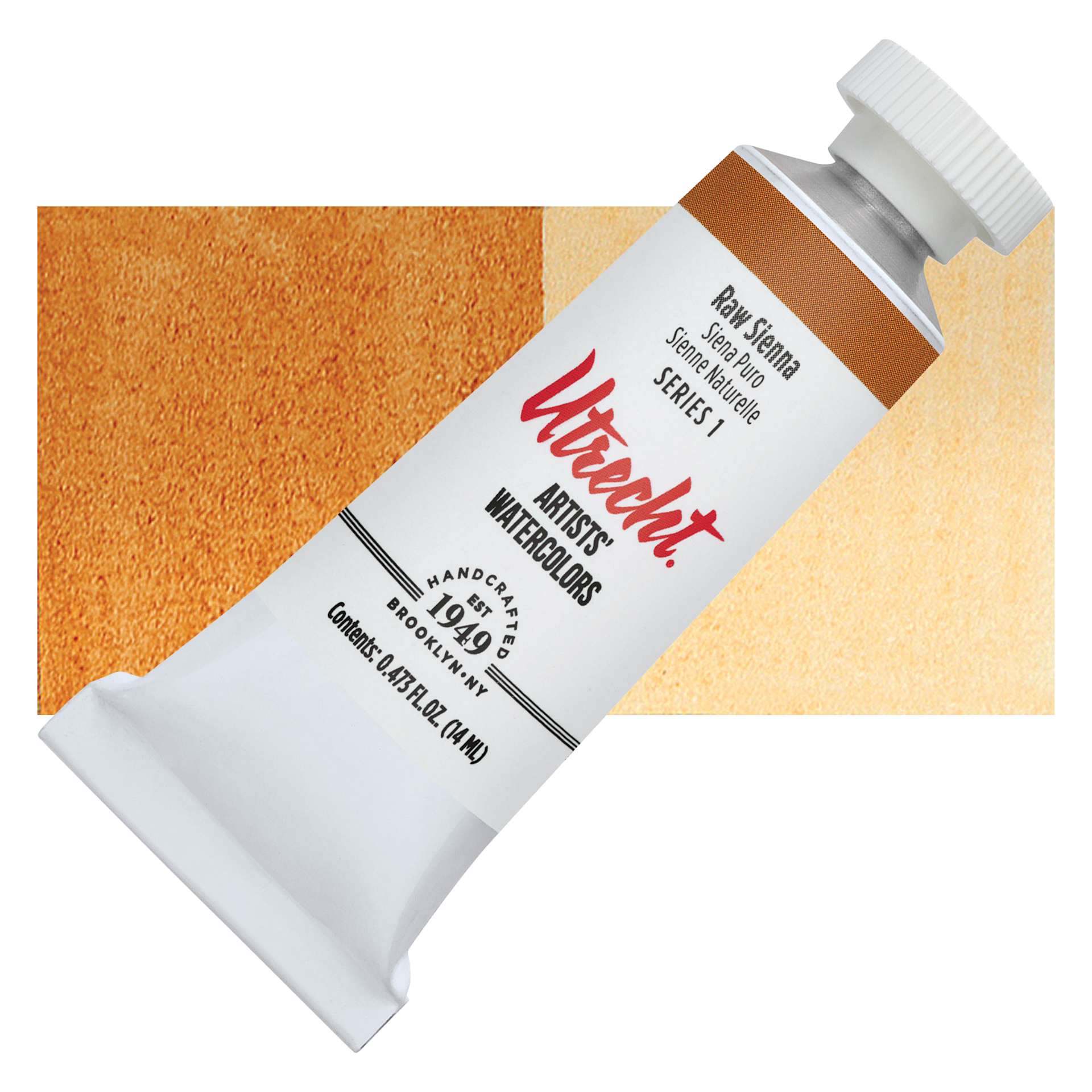 Utrecht Artists' Watercolor Paint - Raw Sienna, 14 ml tube and swatch