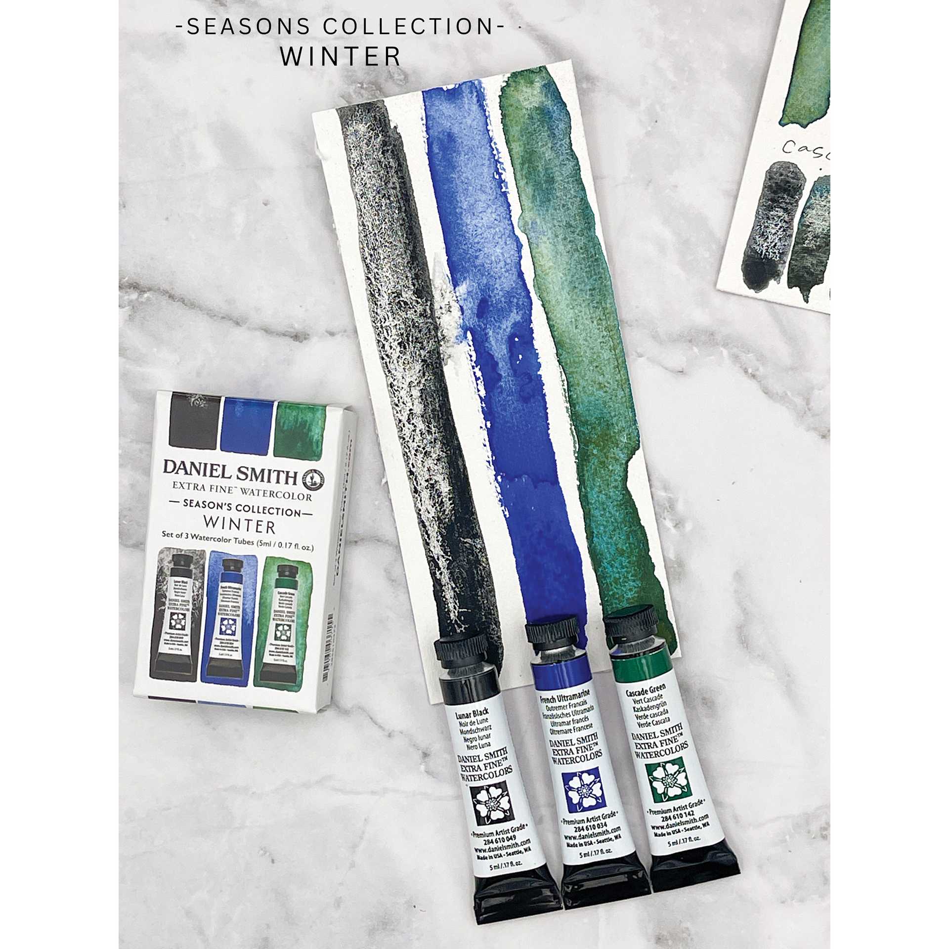 Daniel Smith Extra Fine Watercolor - Set of 3, Winter, 5 ml Tubes with swatches on paper